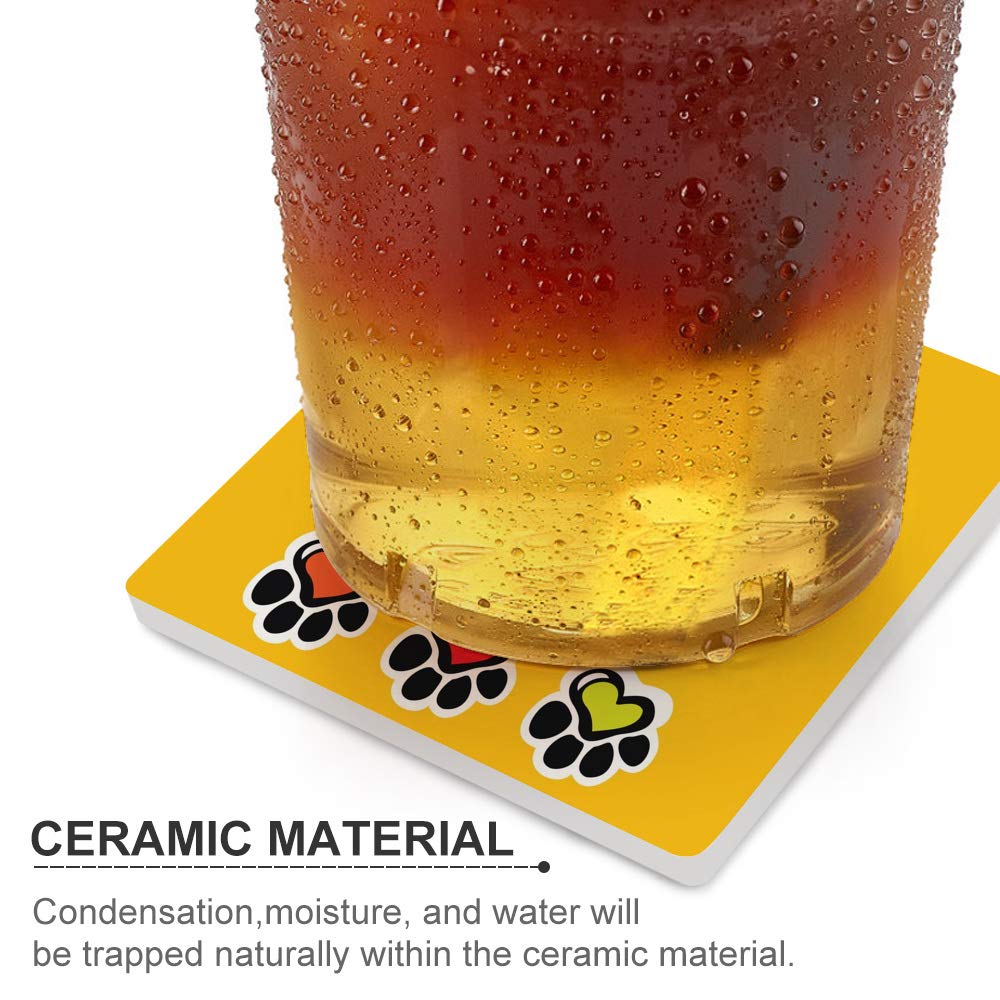 Hapuxt 4-Pack Ceramic Drink Coasters with Cork Bottom - Square Cup Holder for Wine, Beer & Cold Drinks - Paw Print & Heart Design - Table Protection & Home Decor - Perfect for Parties, Bars & Kitchen Use