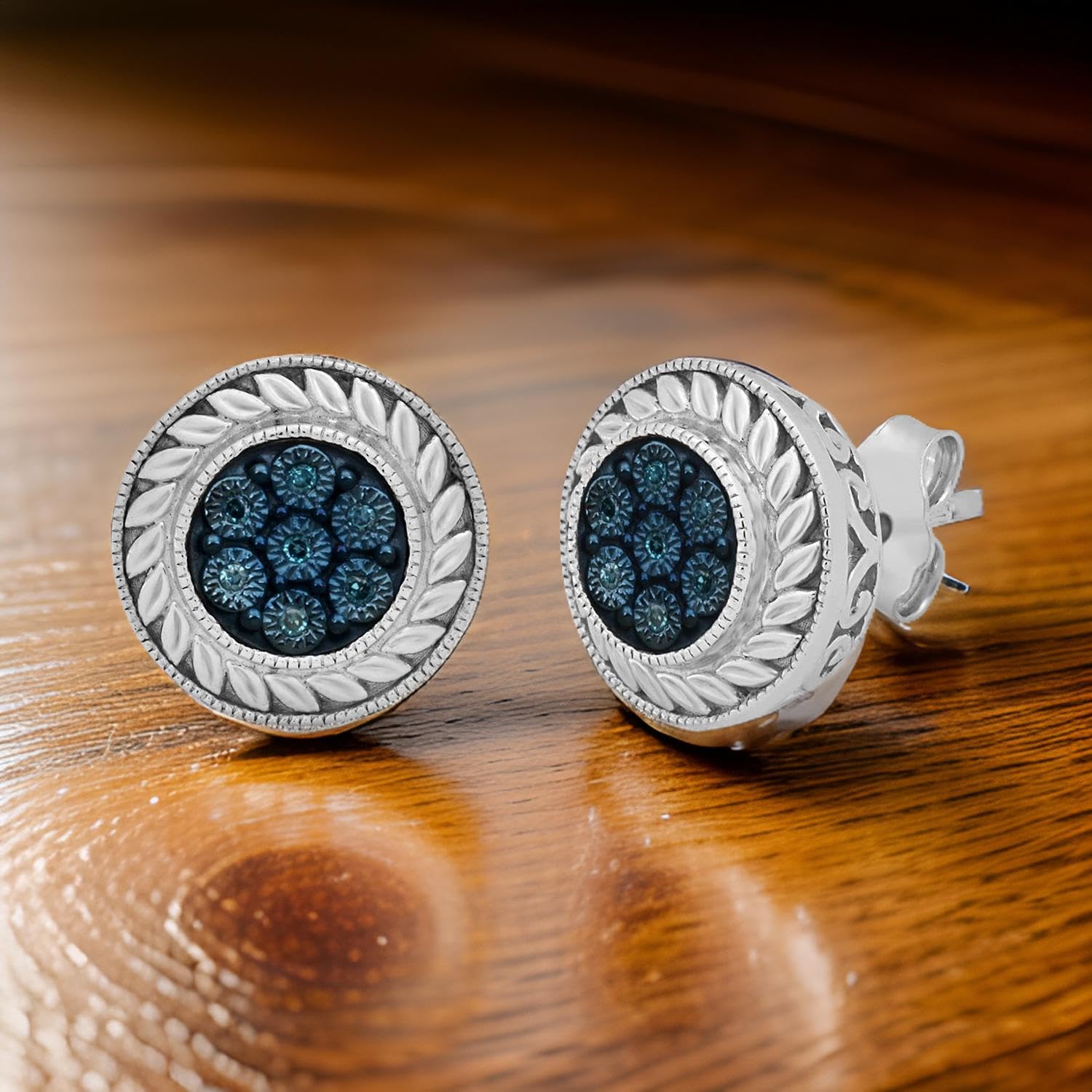 Jewelili Sterling Silver Round Stud Earrings with Blue, White & Champagne Diamonds – Perfect for Weddings, Parties & Everyday Elegance