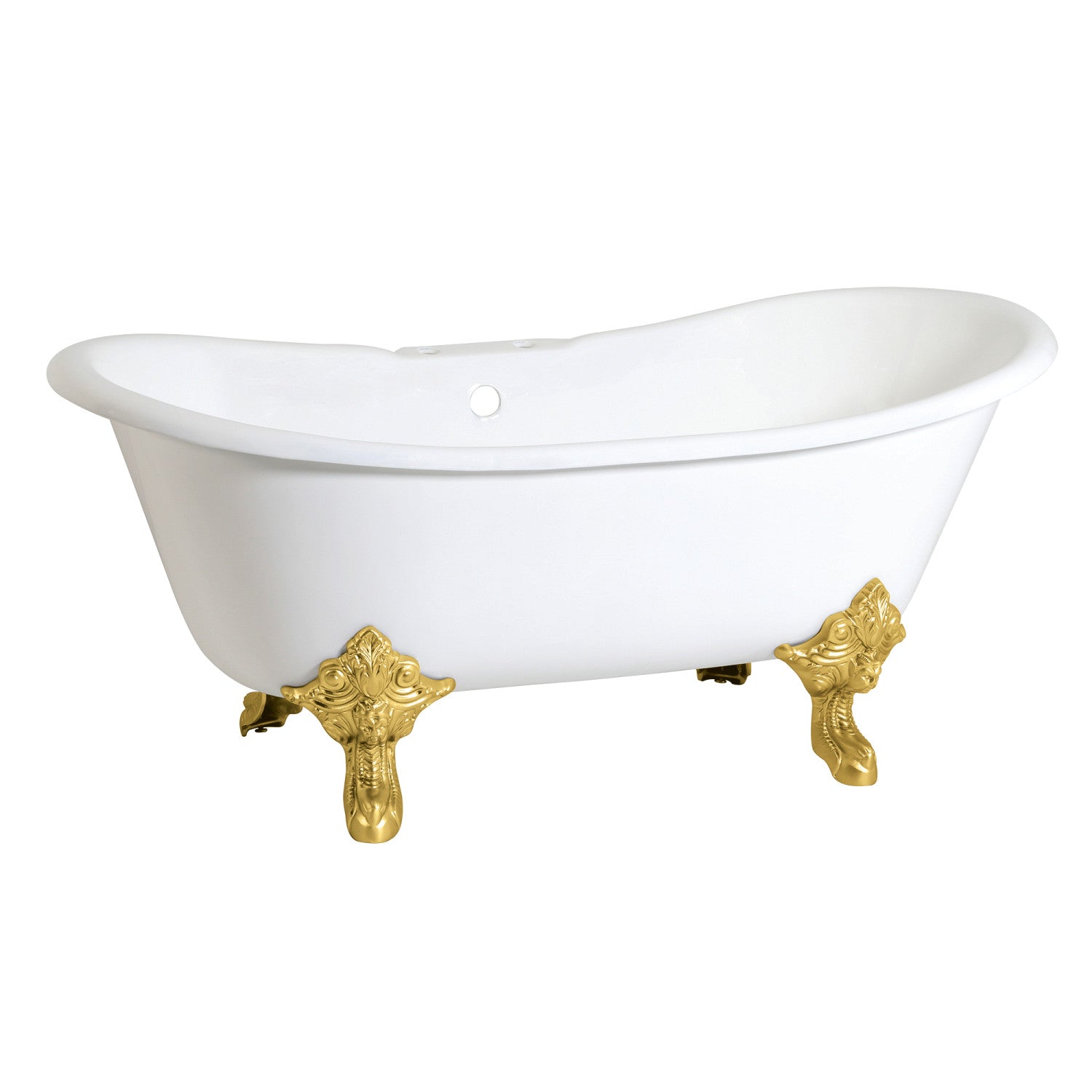 Aqua Eden 67 Inch White Cast Iron Clawfoot Bathtub with Brushed Brass Faucet - Double Slipper Oval Tub for Vintage Bathroom Decor (7 Inch Faucet Drillings) | Perfect for Spa-Like Relaxation & Luxury Bathroom Renovations