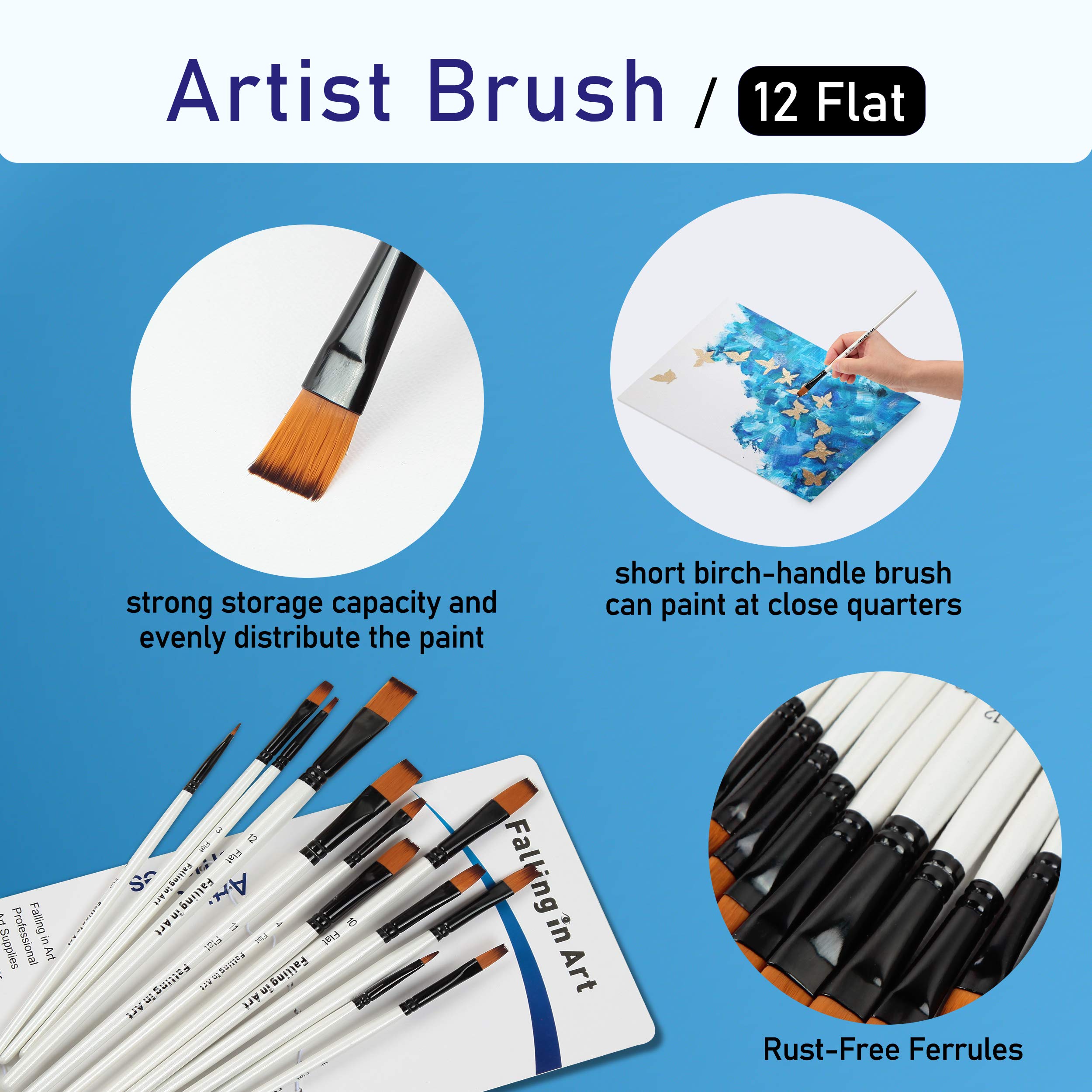 Premium 12-Piece Nylon Paint Brush Set for Watercolor, Oil, Acrylic Painting - Professional Flat Brushes for Artists, Face/Body/Nail Art, Crafts & Rock Painting - Ideal for Beginners & Professionals