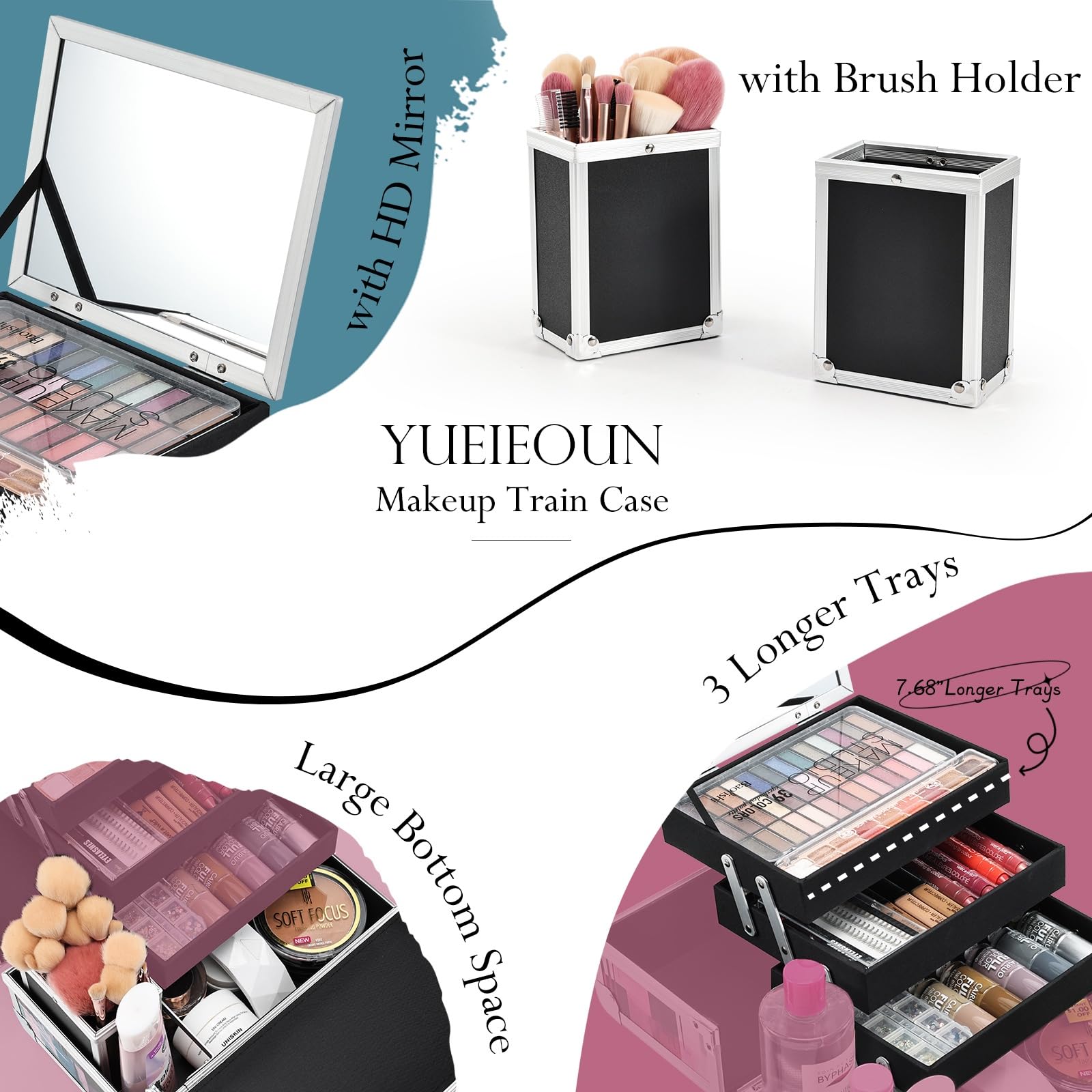 Professional 11.6 Inch Extra Large Makeup Train Case - 3-Tier Cosmetic Organizer with Mirror, Brush Holder & Lockable Keys - Modern Aquarelle Design for Travel, Salon & Professional Makeup Artists