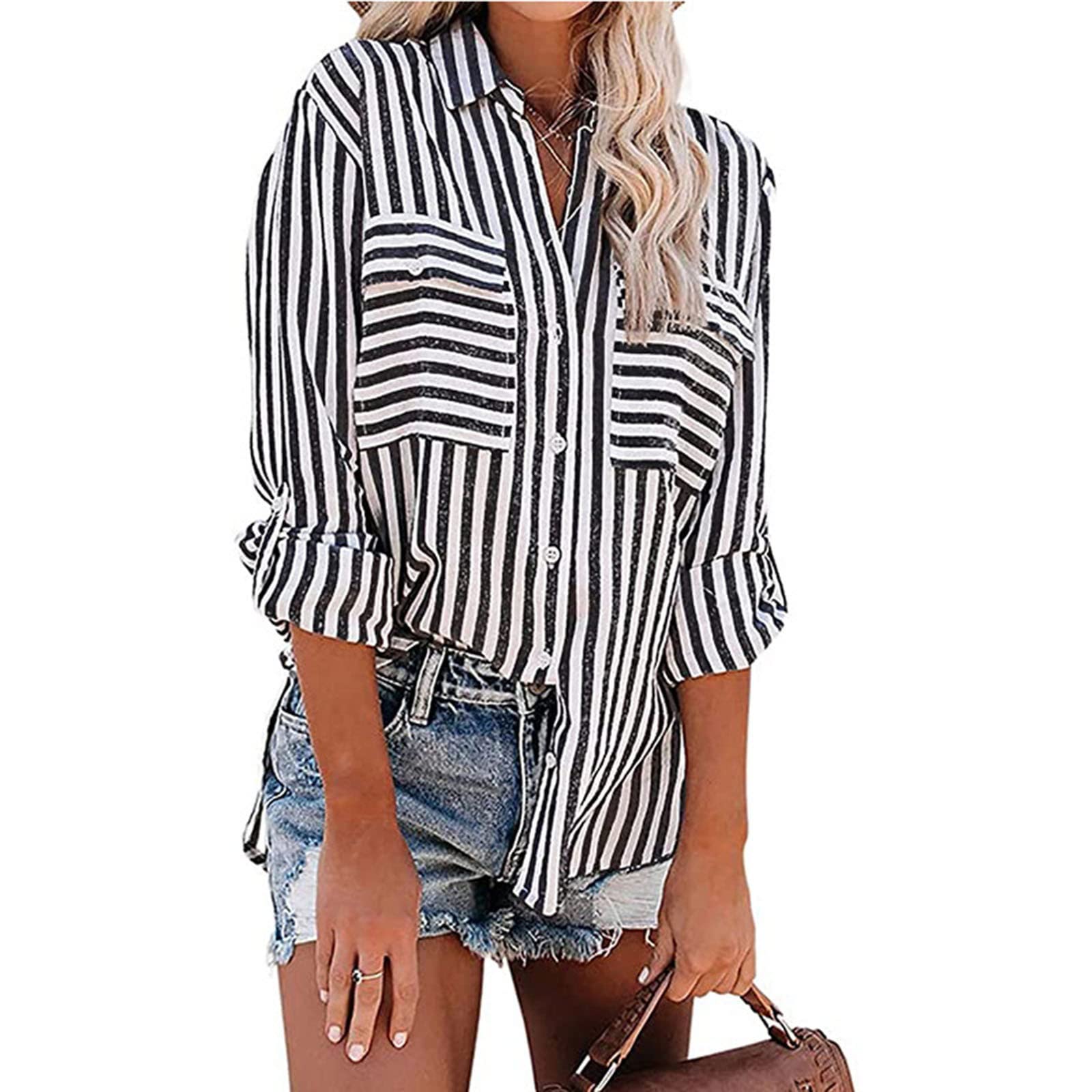 Women's Button Down Lapel Stripe Cotton Linen Shirt - Long Sleeve Blouse Top for Fall Fashion | Casual Office Wear & Everyday Outfits