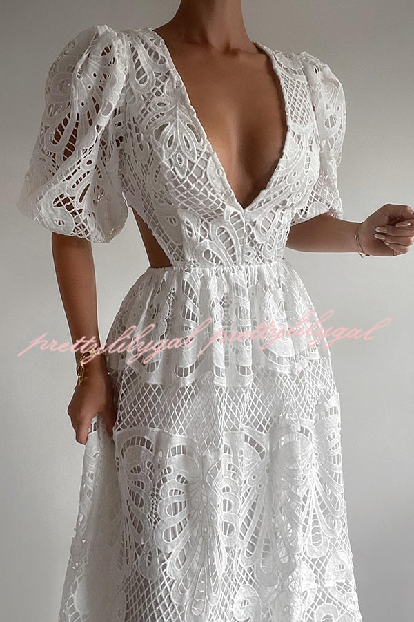 Elegant Solid Color V-Neck Lace Maxi Dress for Women - Sexy Hollow Out Waistless Long Dress for Summer, Beach, Party & Evening Wear