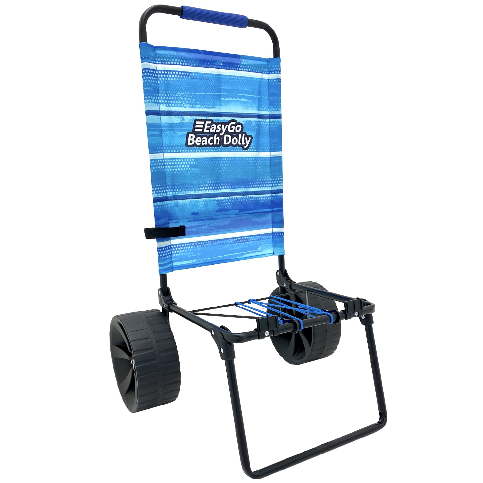 EasyGo Medium Duty Folding Beach Cart with Large Sand Wheels - Holds 4-6 Beach Chairs - Includes Elastic Tie Downs & Storage Pouch - Blue Striped Pattern - Perfect for Beach Trips, Picnics & Outdoor Adventures