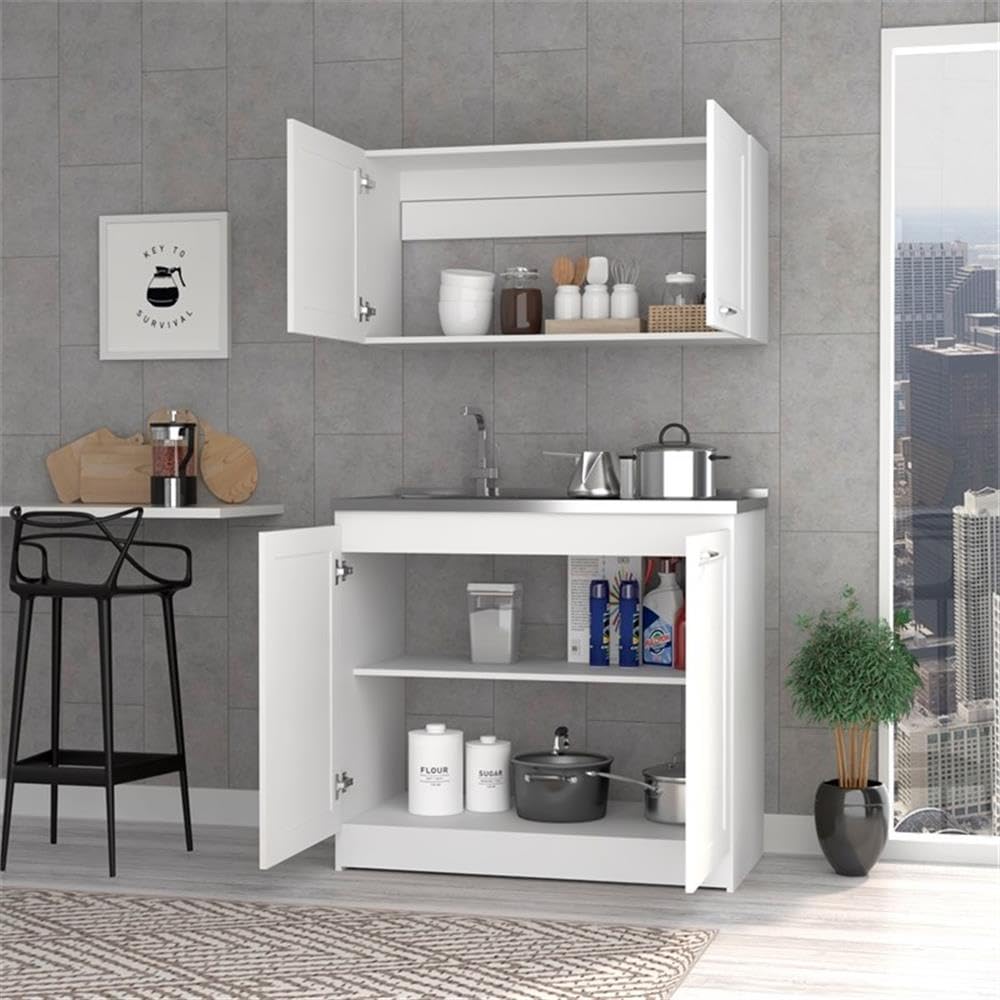 White Perseus Kitchen Cabinet Set - 2-Piece Countertop Storage Organizer for Pantry, Bathroom & Office