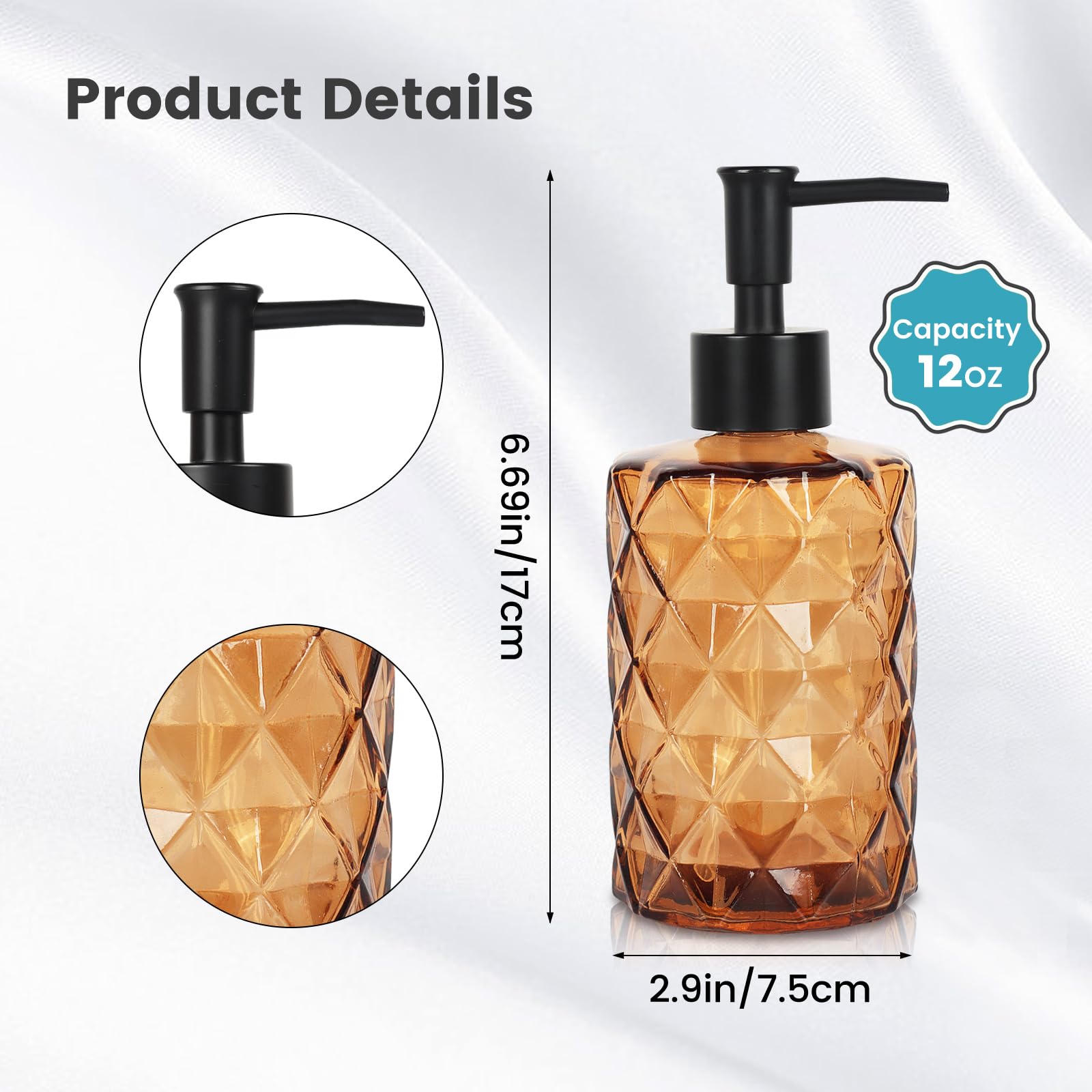 Premium Diamond-Cut Amber Glass Soap Dispenser with Pump - 12oz Refillable Hand & Dish Soap Dispenser for Bathroom, Kitchen Sink, Vanity - Elegant Home Decor & Gift Idea