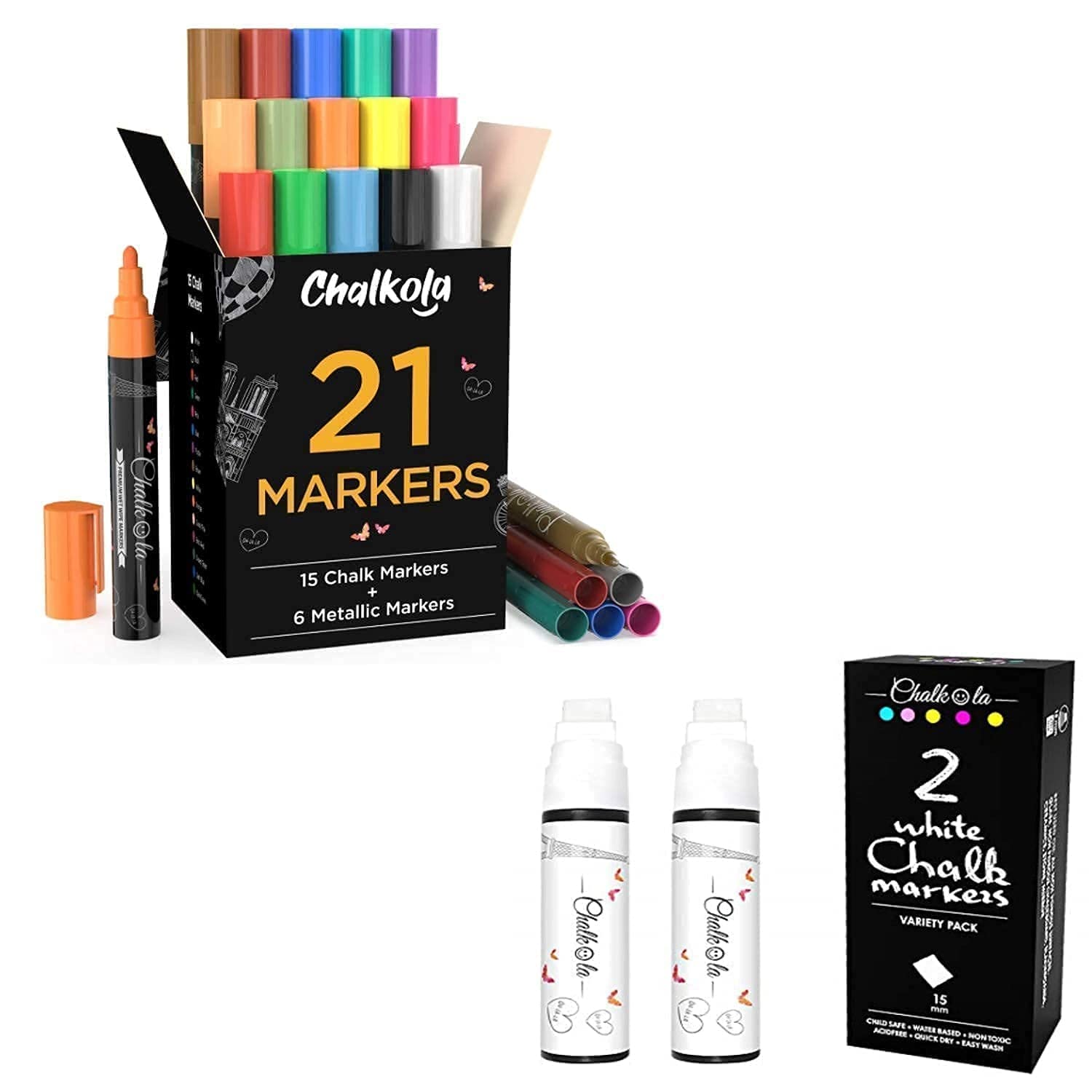 Ultimate Chalk Marker Bundle - 21 Neon & Metallic Markers + 2 White Jumbo Chalk Markers for Whiteboards, Glass Writing, and DIY Crafts