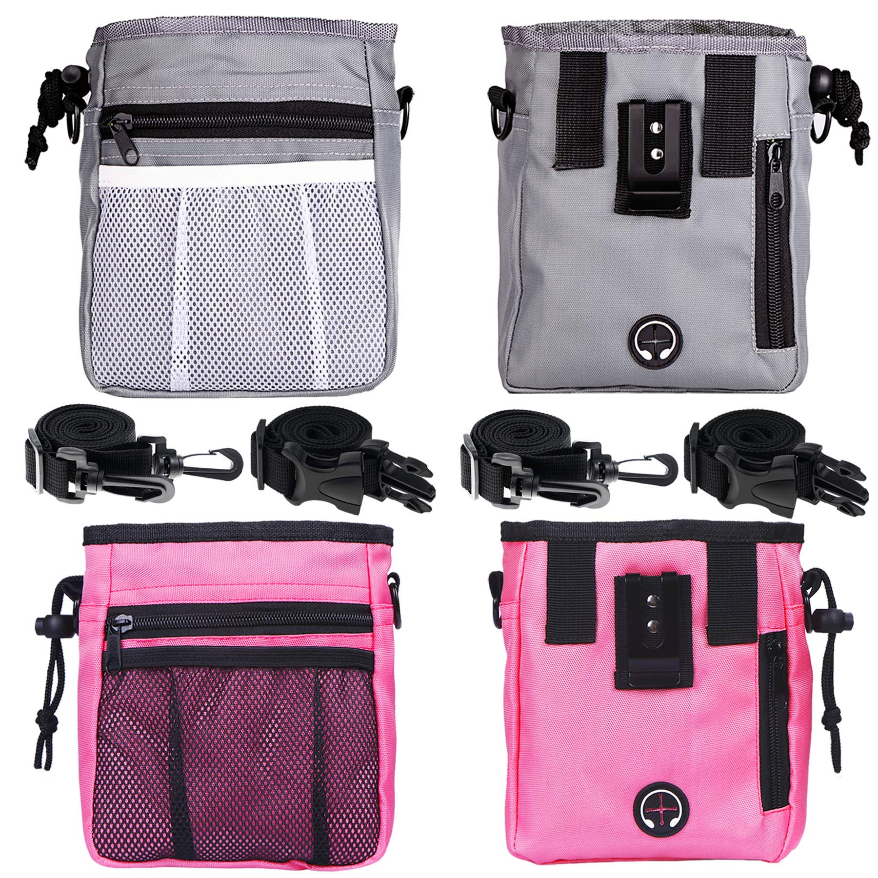 STMK 2 Pack Dog Training Treat Pouch with Adjustable Waist & Shoulder Strap - 3-Way Wear for Dog Walking, Puppy Training & Outdoor Adventures (Grey & Pink) - Perfect for Carrying Treats, Kibble & Toys During Hiking, Park Visits & Obedience Classes