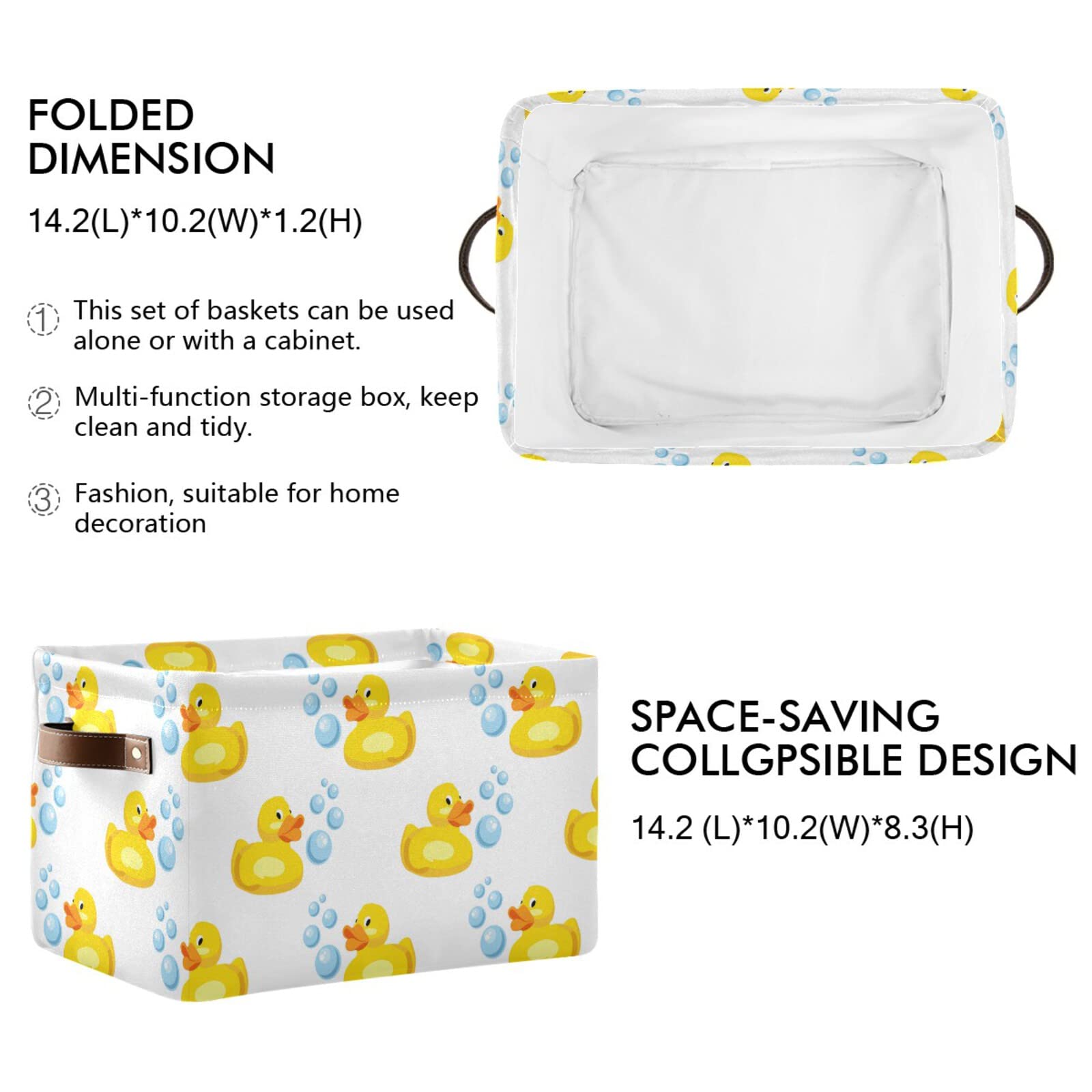 Yellow Rubber Ducks Rectangular Collapsible Storage Basket with Leather Handles - Foldable Laundry Bin & Home Organizer for Kitchen, Bedroom, Bathroom | Perfect for Toys, Clothes & Household Items Storage