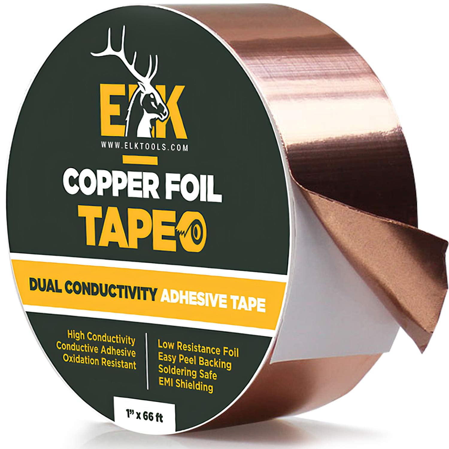 ELK Copper Foil Tape - 1” x 66ft - Conductive Adhesive for Guitar Shielding, DIY Crafts, Electrical Repairs & Grounding - EMI Shielding, Stained Glass, Circuit Board Fixes - High Conductivity Copper Tape for Arts & Electronics