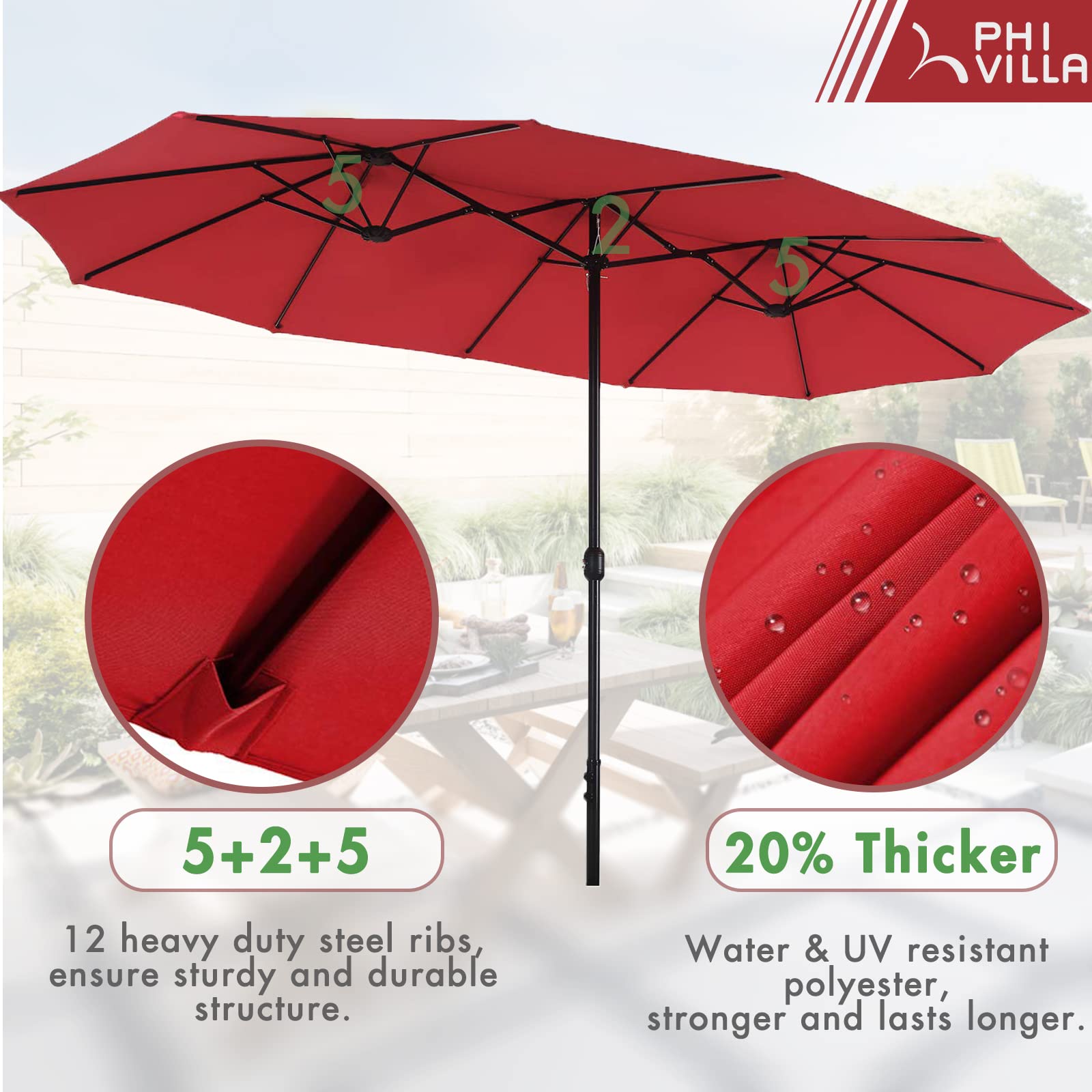 PHI VILLA 8-Piece Outdoor Dining Set with 13ft Double-Sided Patio Umbrella - Metal Patio Furniture Set Includes 6 Stackable Chairs & Rectangle Table - Perfect for Backyard, Garden, Poolside and Outdoor Entertaining