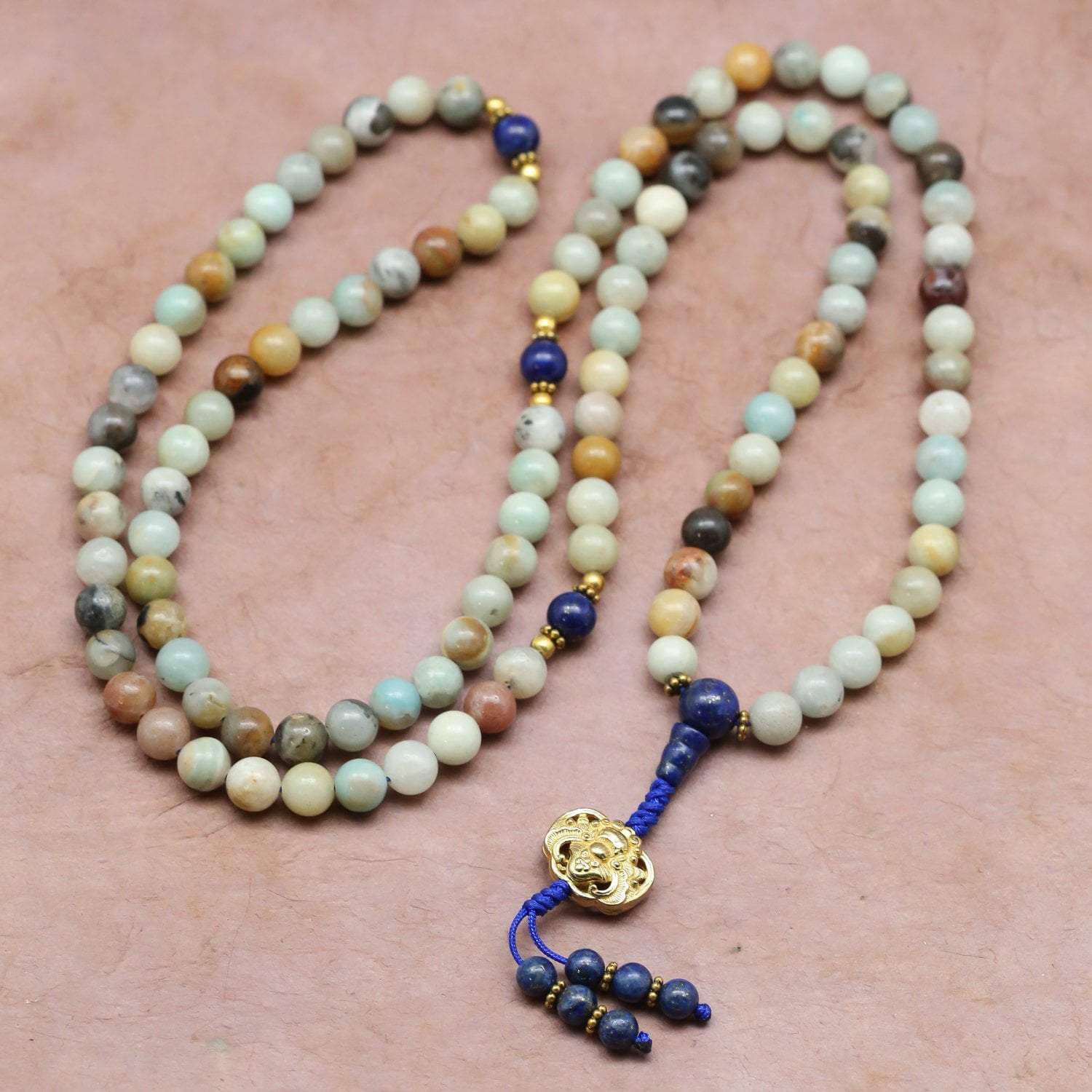 Amazonite Mala Beads with Gold Cheppu Pendant - 108 Healing Meditation Prayer Beads for Yoga, Mindfulness & Spiritual Practice