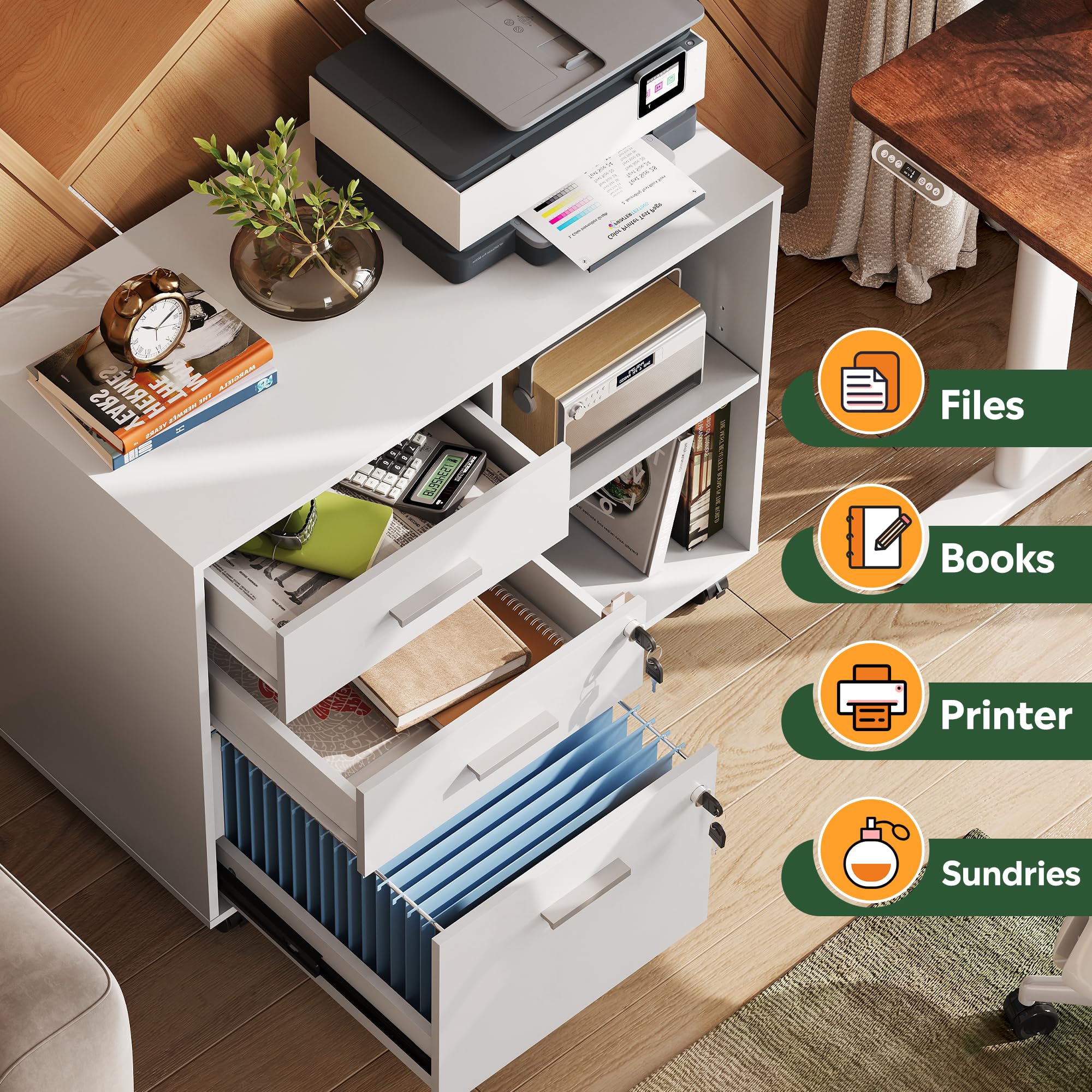 DEVAISE 3-Drawer Wood File Cabinet with Lock - Mobile Lateral Filing Cabinet & Printer Stand with Open Storage Shelves - Home Office Organization for Documents, Supplies & Equipment - Perfect for Small Spaces & Workspaces