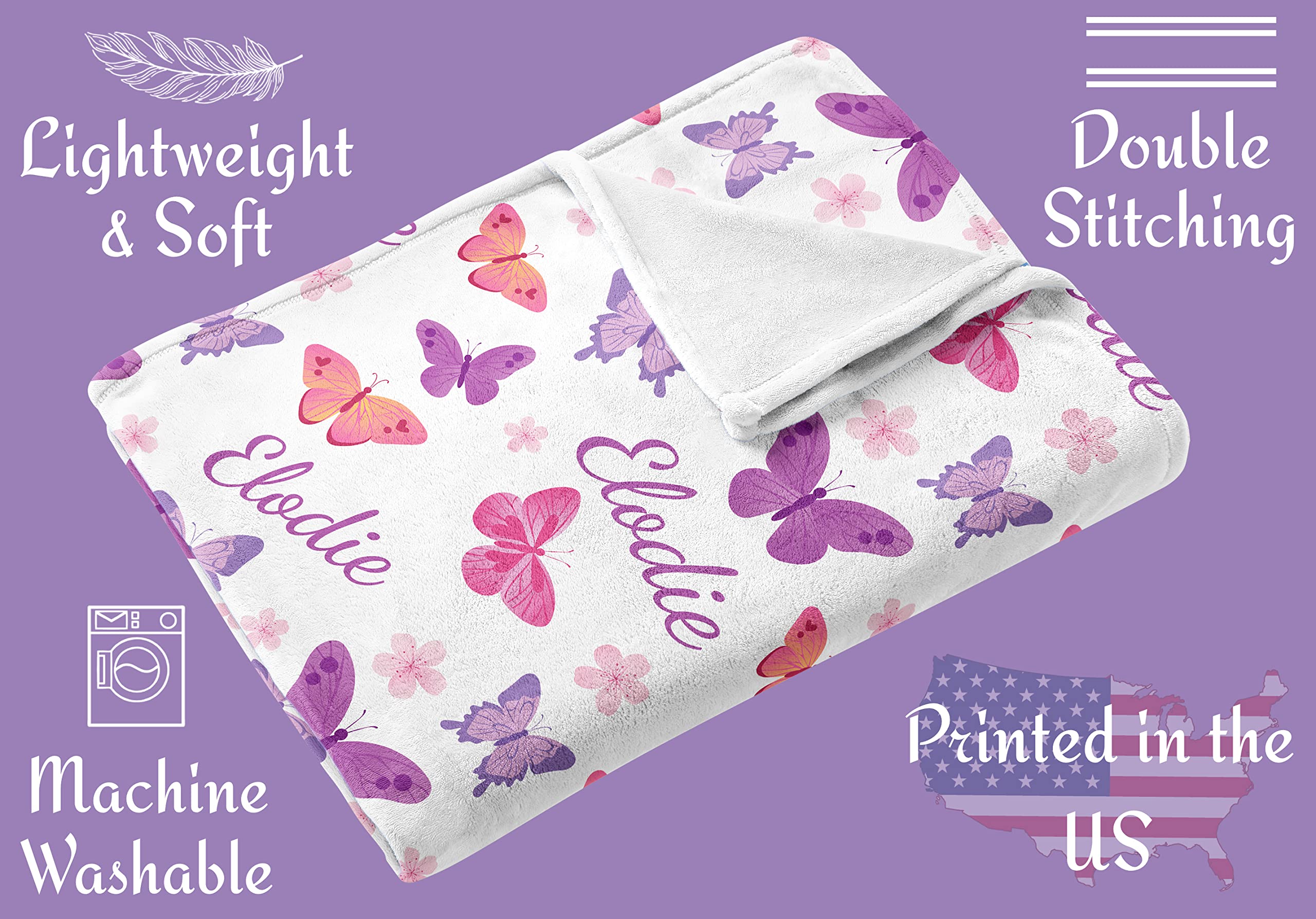 Personalized Baby Blankets for Girls with Name & Purple Butterflies - Custom Embroidered Blanket Gift for Newborn, Infant, Toddler - Perfect for Baby Shower, Birthday, Christmas Presents - Soft Nursery Blanket for Crib, Stroller & Snuggling