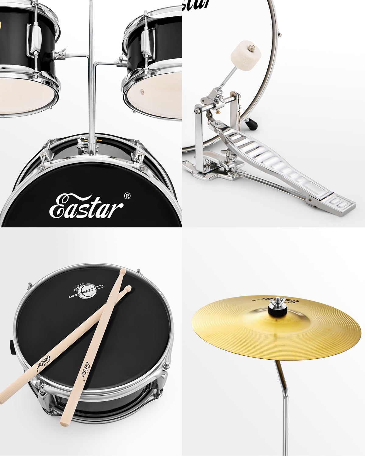 Eastar 14'' Kids Beginner Drum Set - 3 Piece with Bass, Tom, Snare Drum, Adjustable Throne, Cymbal, Pedal & 2 Pairs Drumsticks - Metallic All Black - Perfect for Home Practice, Music Lessons & First Drum Kit for Young Musicians