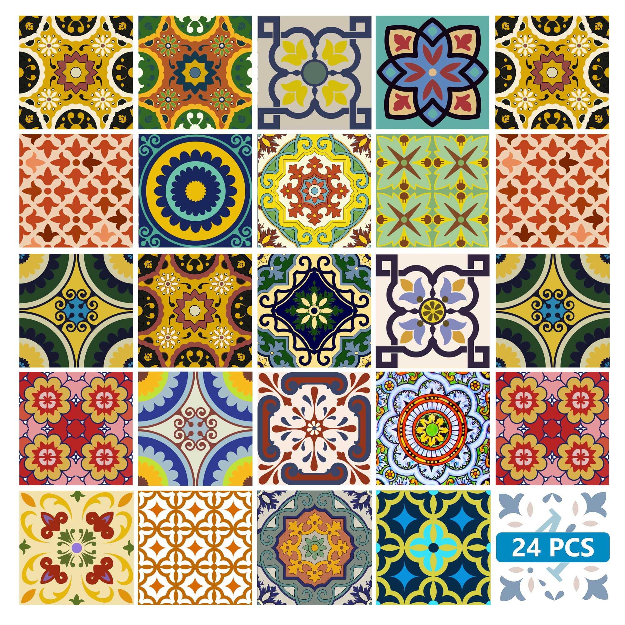 24-Piece Traditional Talavera Tile Stickers Set - Easy Peel & Stick Bathroom & Kitchen Tile Decals - 6x6 Inch Home Decor for Walls, Backsplash & Countertops (Kitchen Tiles Stickers C1) - Perfect for DIY Home Renovation, Apartment Upgrades & Rental Property Decor