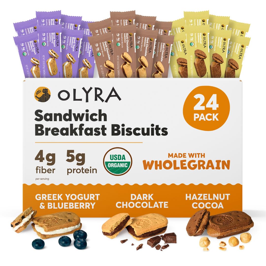 Organic Olyra Variety Pack Breakfast Sandwiches & Biscuits - Healthy Low Sugar Snacks for Adults & Kids - USDA Certified Non-GMO Cookies (24 Pack) - Perfect for Office, School & On-the-Go Snacking