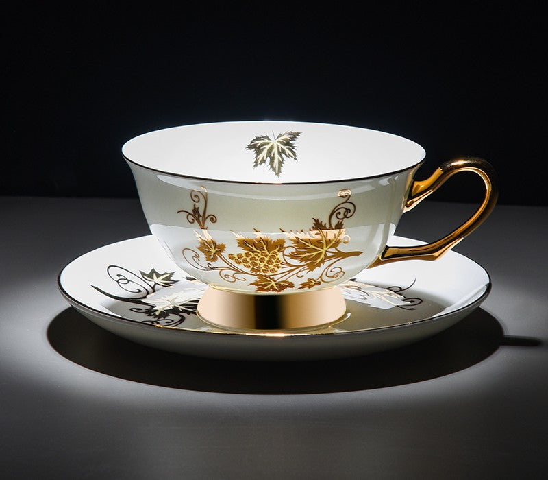 Premium British Ceramic Coffee & Tea Cups Set - Golden Leaves & Grapes Bone China Porcelain with Saucer - Elegant Tea Time Gift Box - Perfect for Afternoon Tea, Bridal Showers & Home Decor