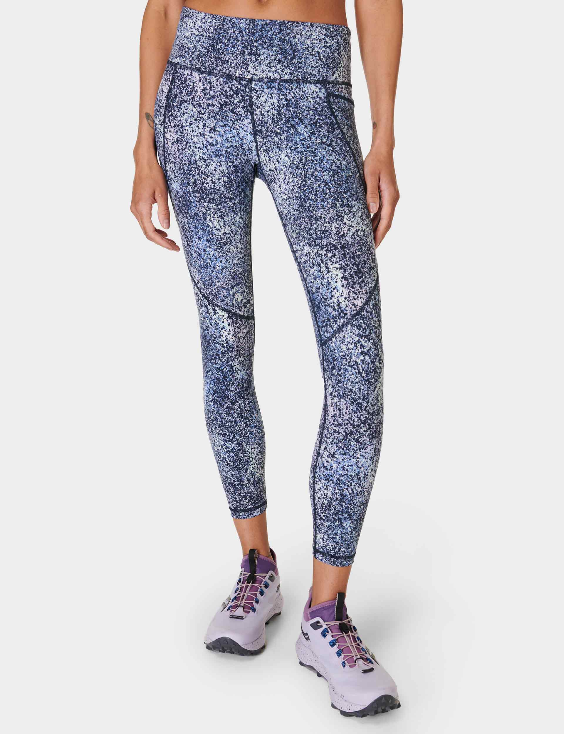 Power 7/8 Gym Leggings for Women - High Waist Yoga Pants with Blue Speckle Print - Moisture Wicking Workout Leggings for Running, Training & Lounge Wear