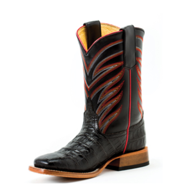 Anderson Bean Kids Black Caiman Print Square Toe Boots - Genuine Leather Western Boots for Boys & Girls - Comfortable Cowboy Boots for School, Rodeo & Outdoor Activities