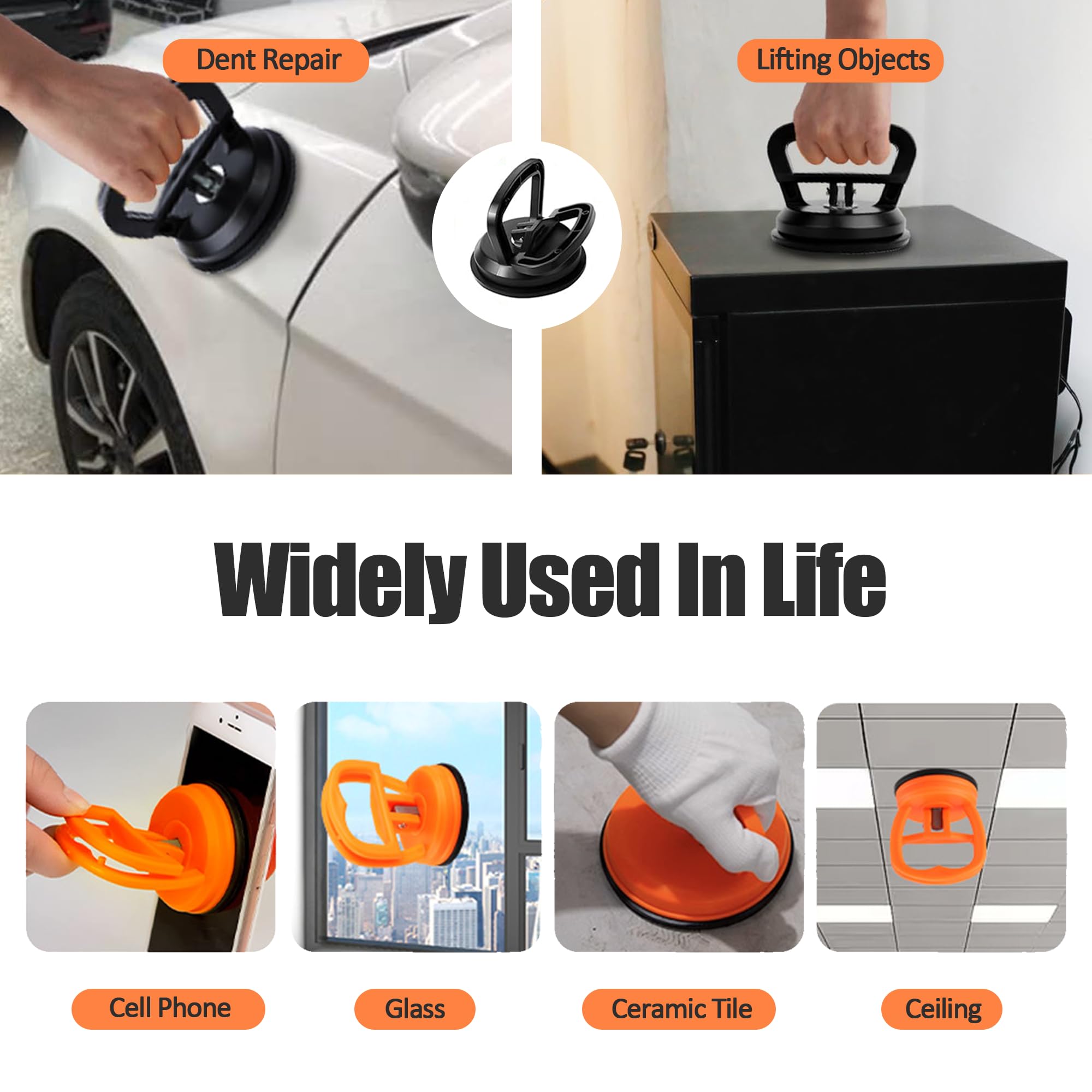 3 Pack Car Dent Puller & Remover Tool - for Auto Glass, Screens, Tiles - Black & Orange