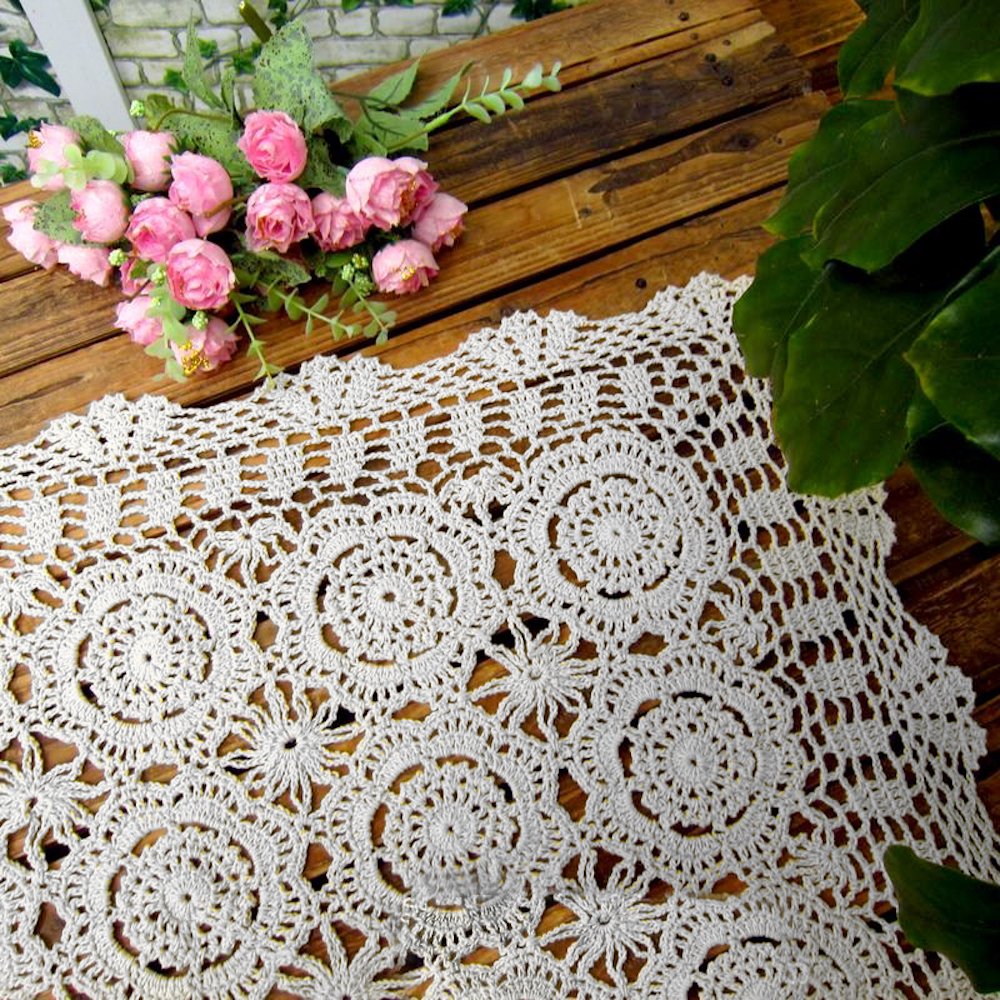 Handmade Cotton Crochet Lace Table Runner - 19x23 Inch White Rectangular Tablecloth for Dining Table, Dresser, or Wedding Decor | Elegant Doily & Home Decoration Scarf