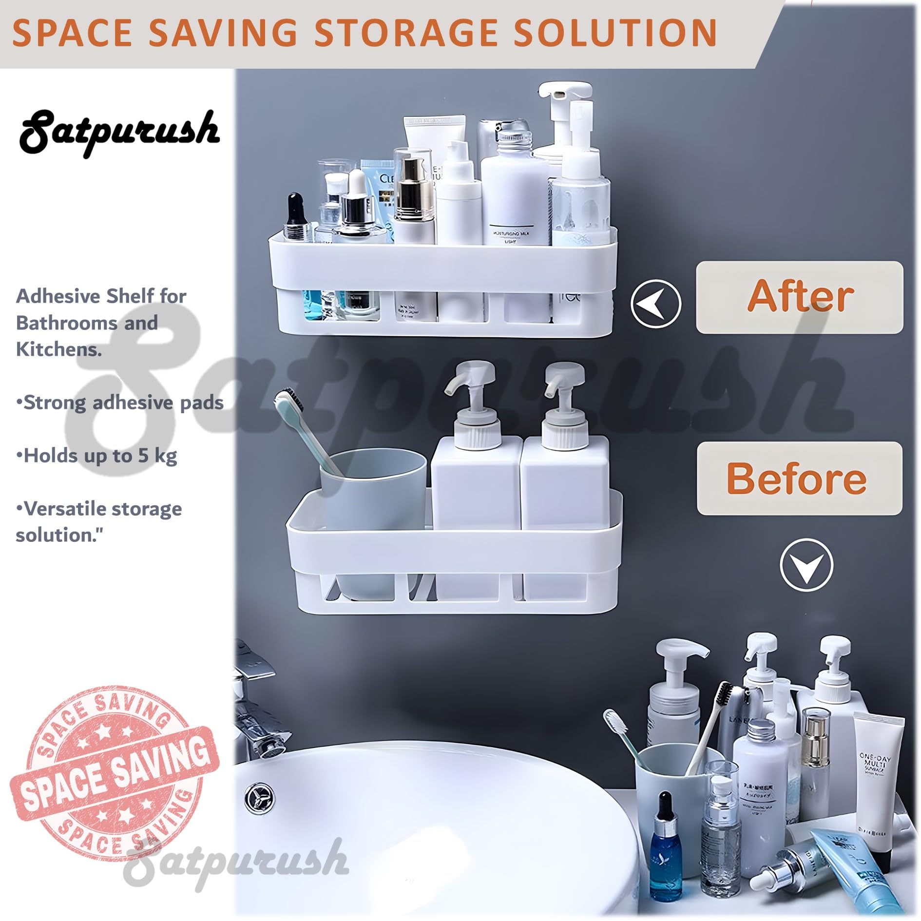 Satpurush 4-Pack White Plastic Bathroom Wall Mounted Shelf Organizer - Bathroom Storage Rack, Bathroom Hardware & Accessories for Shower, Vanity & Toilet Organization