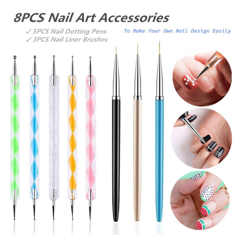 ALVRIO 5PCS Dotting Pens & 3PCS Nail Art Brushes Set - Professional Nail Design Tools Kit for Acrylic, Gel Polish & Manicure - Perfect for DIY Nail Art, Salon Use & Home Manicures