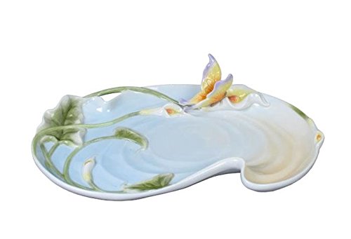 10.75 Inch Blue Porcelain Calla Lily Butterfly Jewelry Tray - Elegant Ring Holder & Trinket Dish for Vanity, Dresser, Bathroom Decor (Gift Idea for Women)