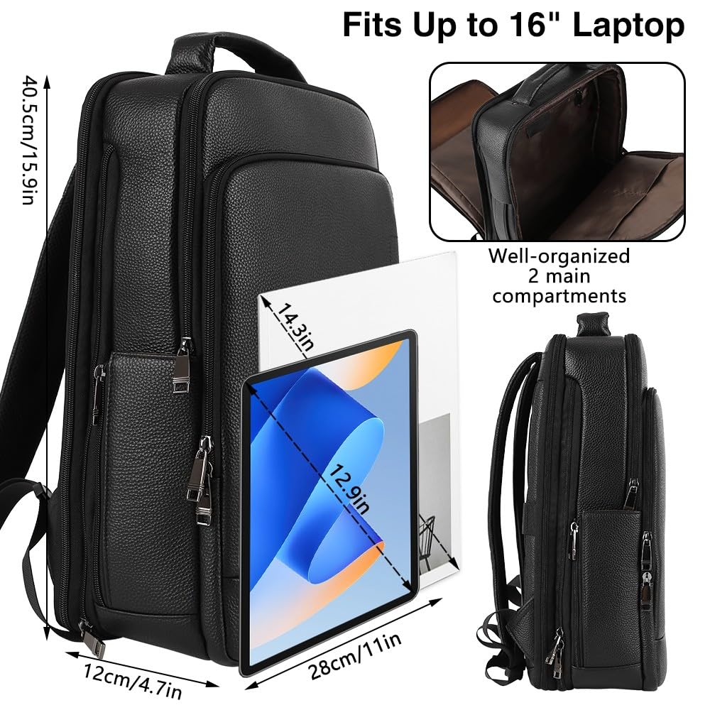 Premium Full Grain Genuine Leather Backpack for Men - 15.6