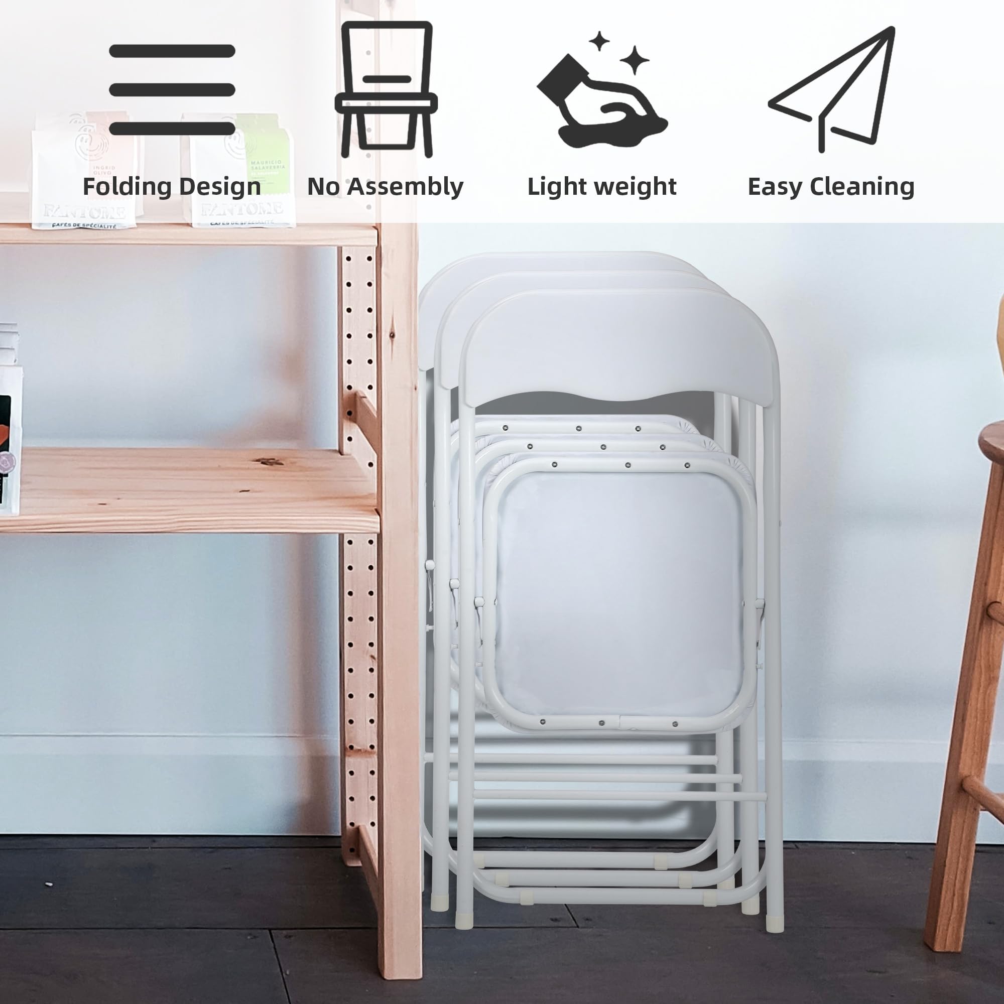 GAOMON 2 Pack Folding Chairs - Portable Metal Stackable Chairs with Cushion & Non-Slip Feet for Indoor Outdoor Events, Parties, Camping, Picnics & Home Use - White