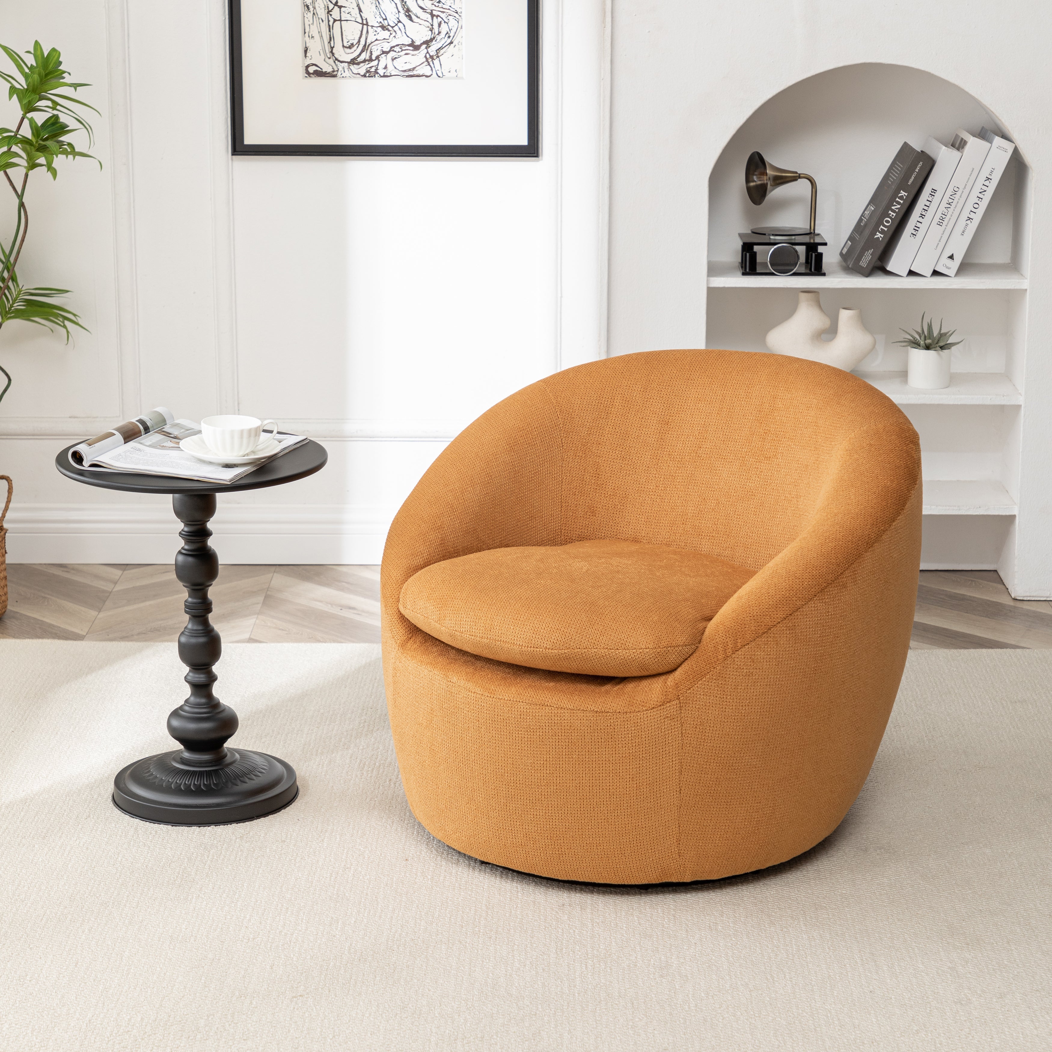 Roundhill Furniture Winnie Modern Barrel Chair - 360° Swivel Accent Chair with Upholstered Seat & Metal Base for Living Room, Bedroom or Office