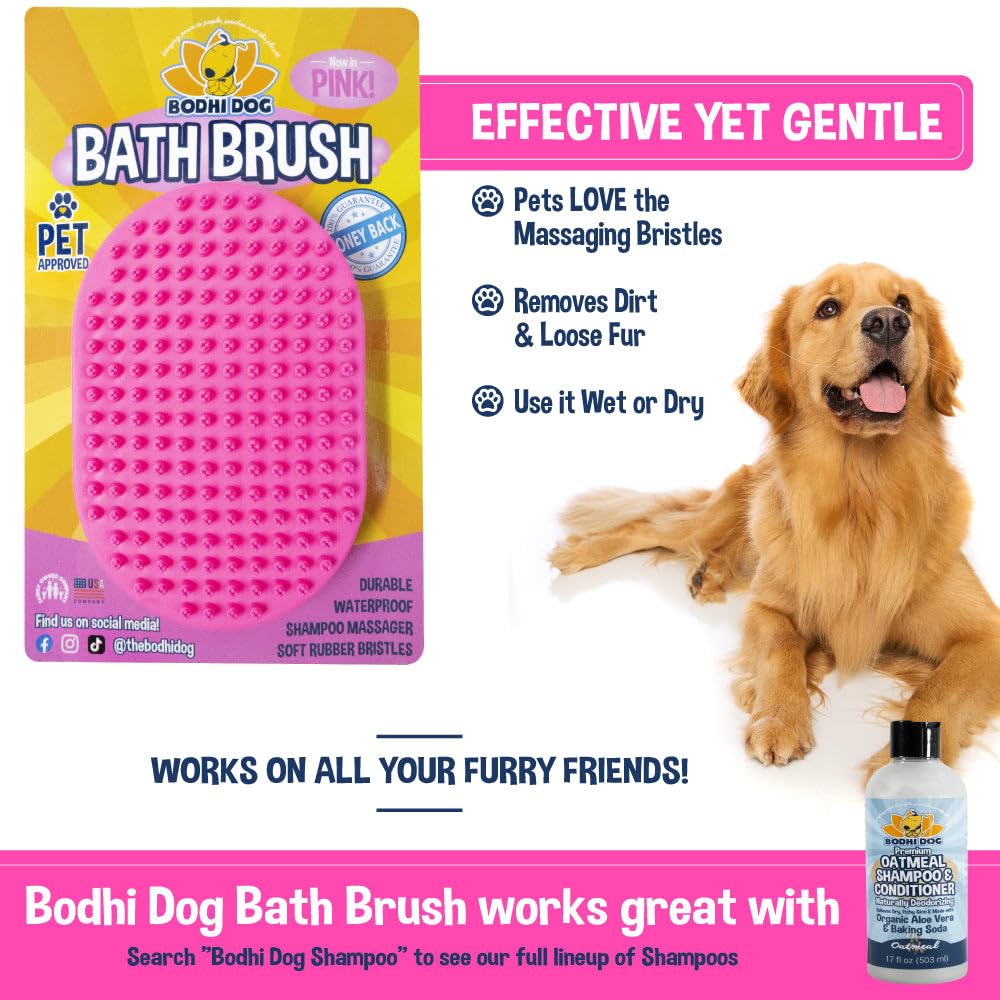 Bodhi Dog Shampoo Brush - Premium Pet Grooming Brush for Dogs & Cats with Long or Short Hair - Bath Scrubber for Shower, Massage & Cleaning - (1 Pack, Pink) - Perfect for Home Bathing & Professional Grooming Sessions