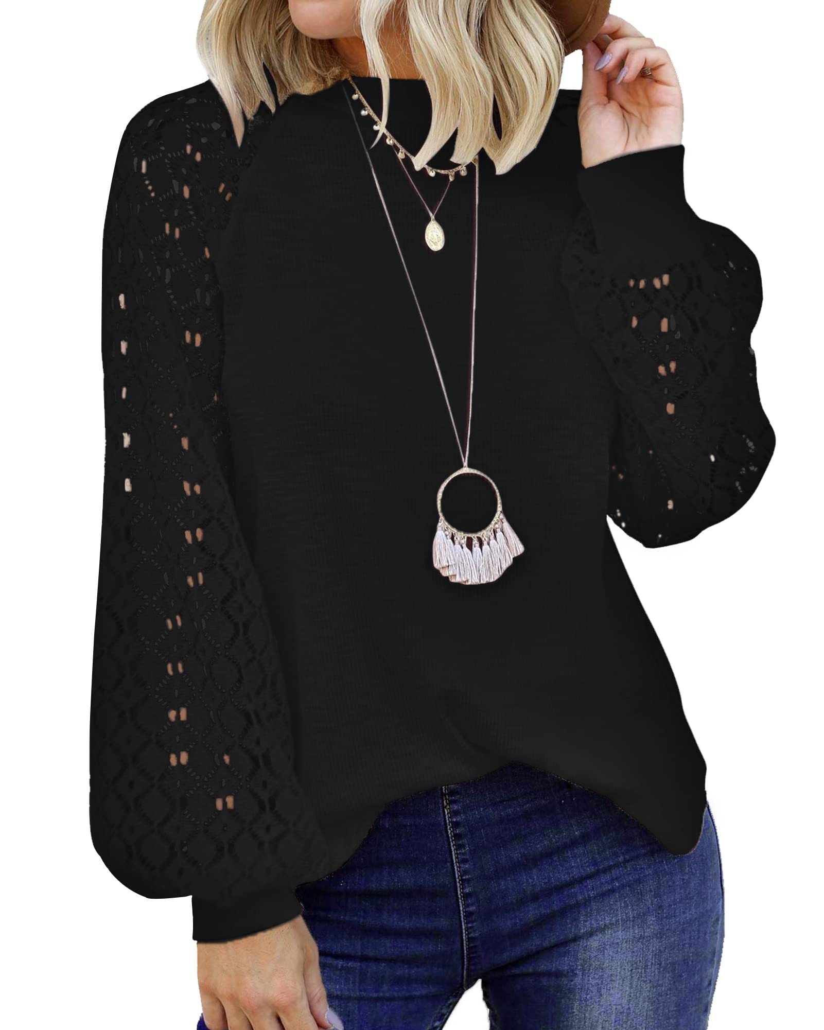 PLOKNRD Women's Long Sleeve Tops - Lace Waffle Knit Casual Blouse Shirt for Women | Comfortable Loose Fit T-Shirt for Fall & Winter | Perfect for Office, Date Night & Weekend Outings