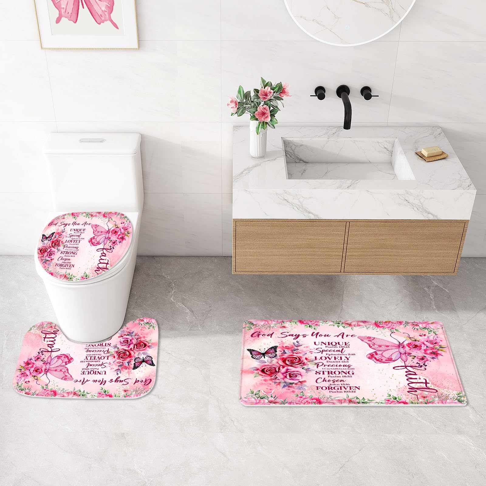 4 Pcs Pink Butterfly Inspirational Quotes Shower Curtain Set with Rugs & Toilet Cover - Waterproof Boho Bathroom Decor with Bible Verses & Floral Design - Perfect for Girls' Room, Guest Bathroom & Spa-Style Retreats