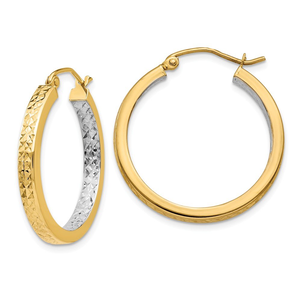 14K Yellow Gold Two-Tone Square Diamond-Cut Hoop Earrings 27mm - Elegant Lightweight Dangle Earrings for Women, Perfect for Parties, Weddings & Everyday Wear