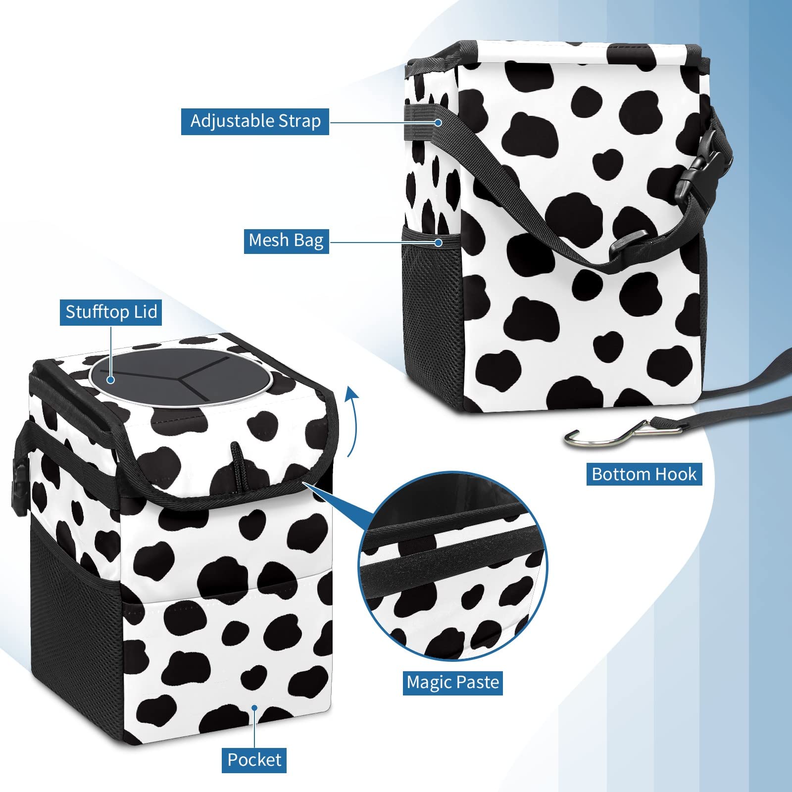Black and White Cow Print Collapsible Car Trash Can with Lid - Reusable Waterproof Auto Garbage Bin for Car, Truck & SUV - Perfect for Road Trips, Commuting & Keeping Vehicle Interior Clean