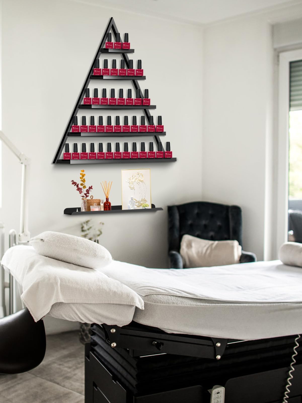 10-Piece Metal Wall-Mounted Nail Polish Organizer - 5-Tier Black Triangular Cosmetic Display Shelf for Lipstick, Perfume & Essential Oils - Space-Saving Storage Solution for Home Spa, Salon & Retail Shops - Perfect for Bathroom, Vanity & Makeup Organization