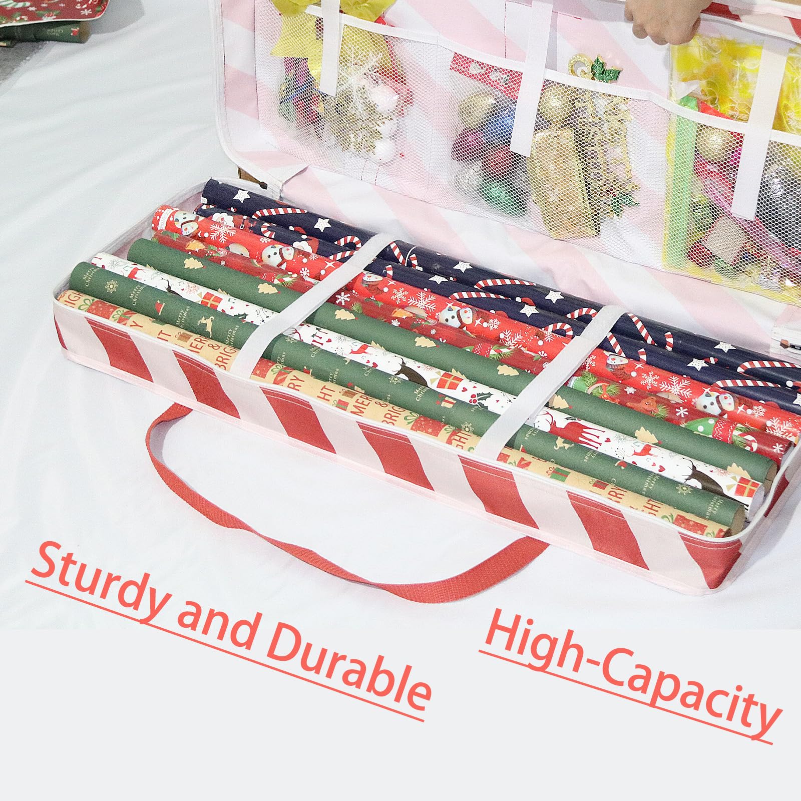 Safana Wrapping Paper Organizer Storage Bag with 3 Isolation Nets - Perfect for Storing Wrapping Paper Rolls, Ribbons, Bows & Gift Accessories (Red Stripe) - Ideal for Holiday Wrapping, Craft Room Organization & Gift Storage