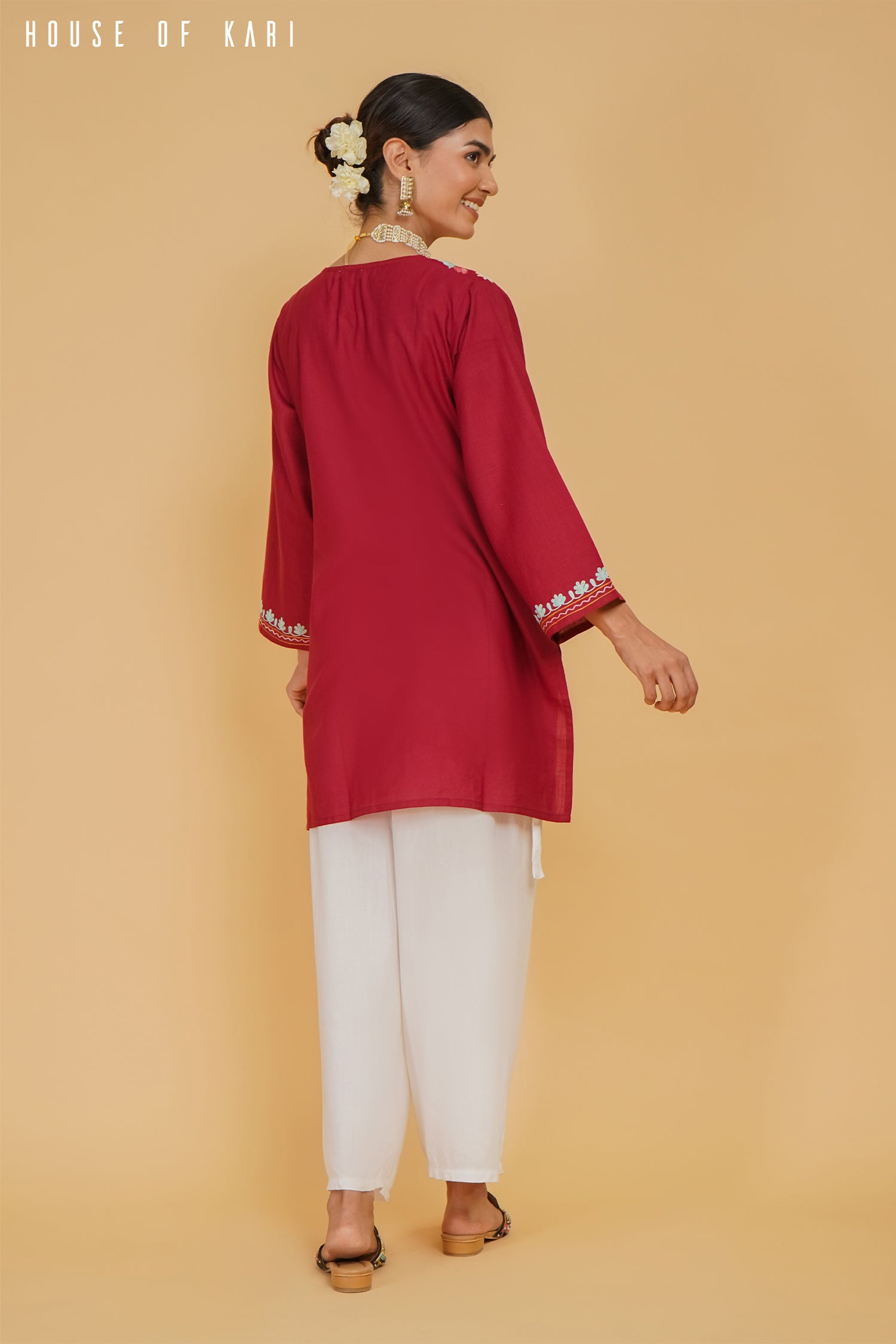 Handmade Kashmiri Aari Work Cotton Short Kurta for Men & Women - Maroon Ethnic Embroidered Tunic Top | Perfect for Festivals, Weddings & Casual Wear