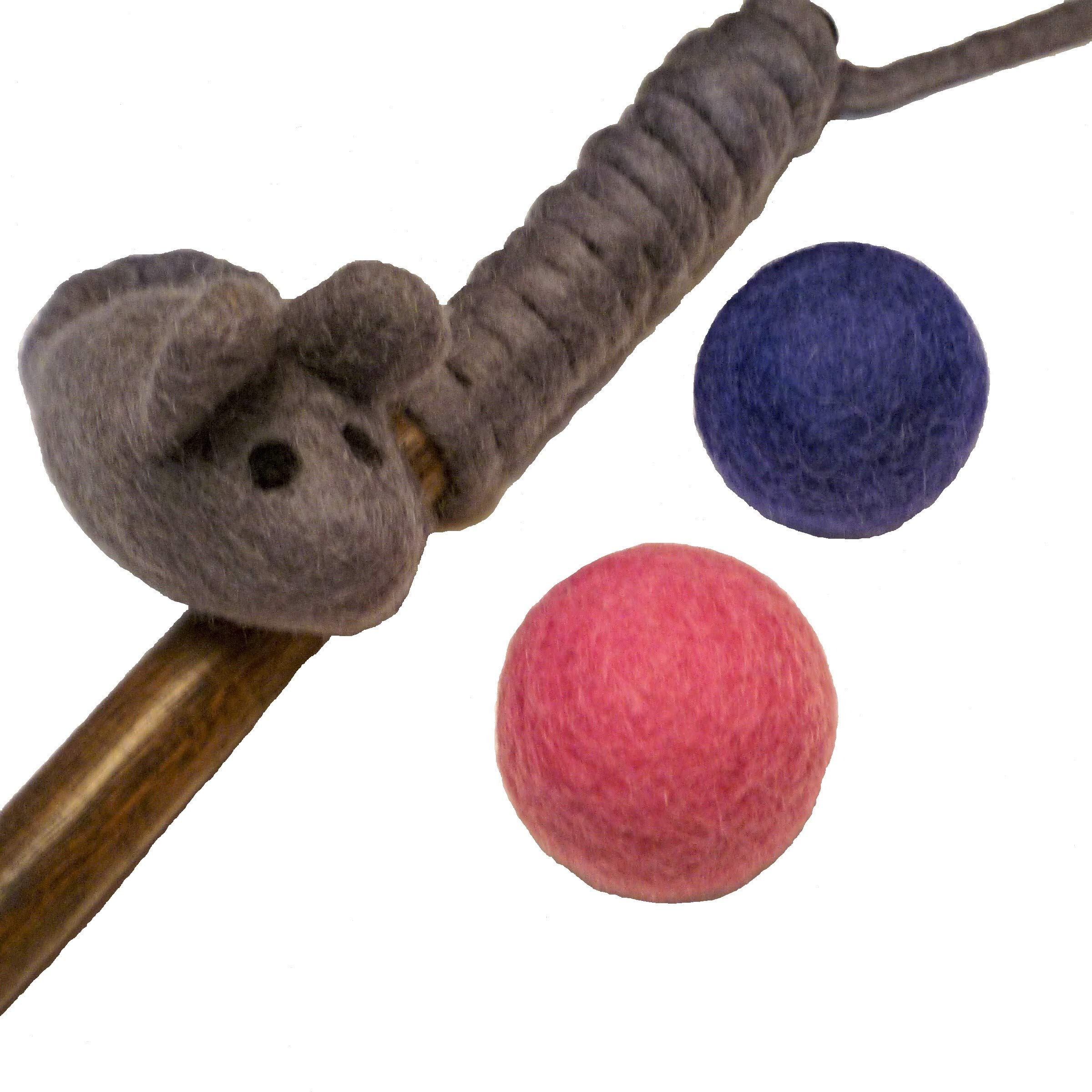 Earthtone Solutions Wool Cat Toy - Natural Felted Wool Mouse Wand Toy with 2 Felt Ball Toys for Indoor Cats & Kittens | Interactive Play, Exercise & Stress Relief for Feline Friends