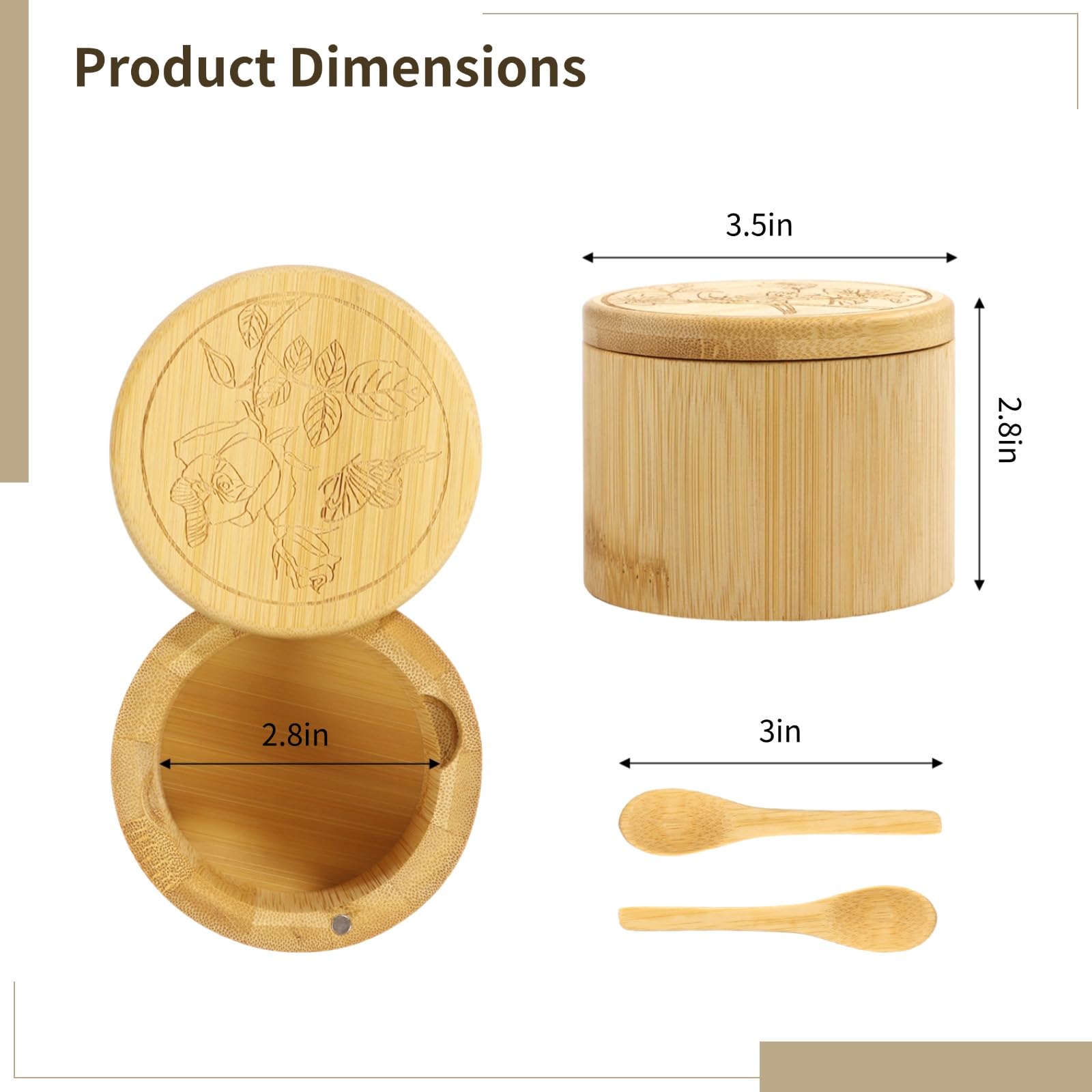 Homaisson 2-Piece Bamboo Salt and Pepper Bowls Set with Swivel Lids & Spoons - 6oz Round Seasoning Storage Containers for Salt, Pepper, Sugar & Spices - Perfect for Kitchen, Dining Table & Cooking