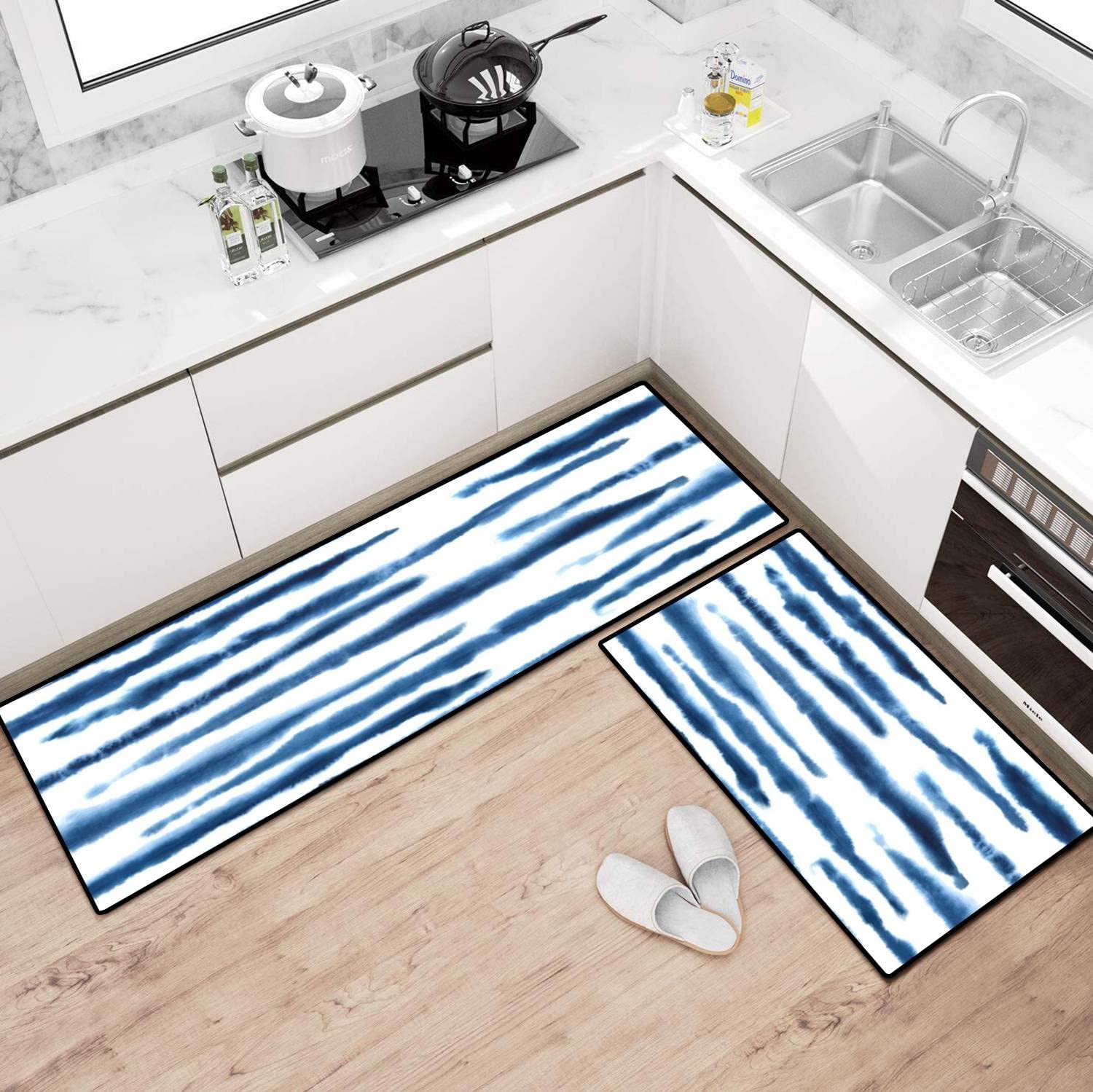 Abstract Shibori Indigo Blue Non-Slip Kitchen Rugs Set - Washable Watercolor Floor Mats for Kitchen, Bathroom & Entryway - Comfort Standing Mats for Home Decor & Safety