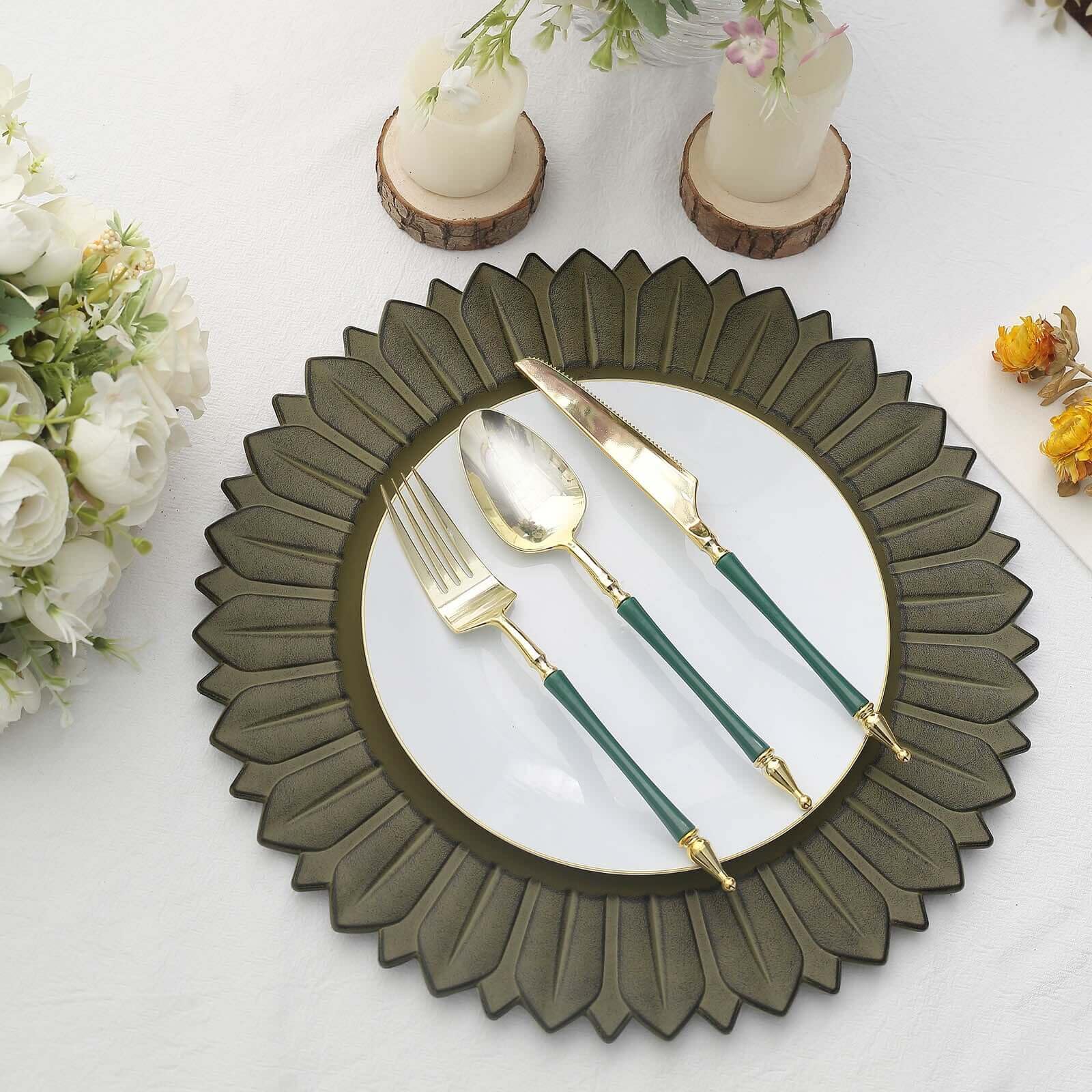 Efavormart 6 Pack 13 Inch Matte Olive Green Sunflower Plastic Charger Plates - Disposable Round Serving Trays for Weddings, Parties, and Events - Elegant Dinnerware for Home Decor and Special Occasions