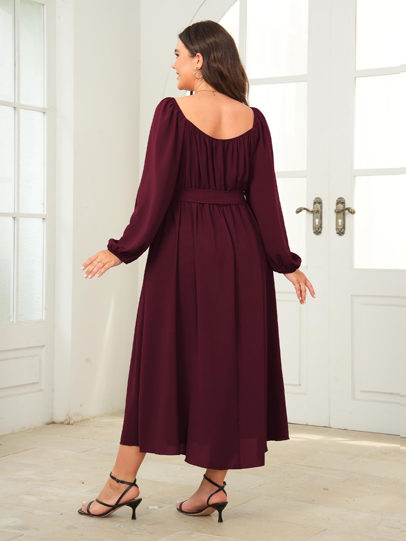 Elegant Plus Size Maxi Dress for Women - Long Sleeve Square Neck Wedding Guest Cocktail Dress with Belt, Flowy A-Line Design | Perfect for Weddings, Parties & Special Occasions