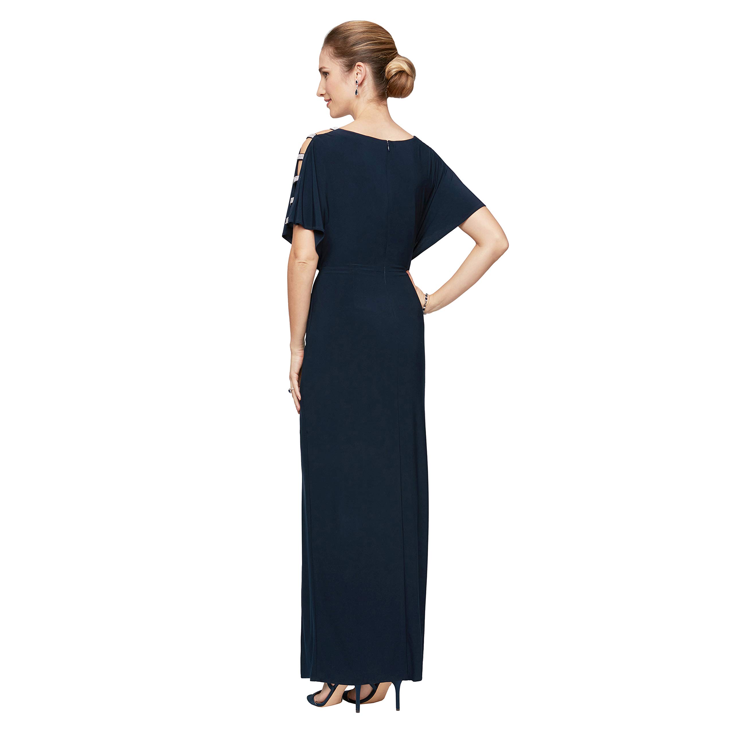 Alex Evenings Women's Long V-Neck Knot Front Wedding Guest Dress with Cold Shoulder Sleeves - Elegant Formal Gown for Bridal Shower, Cocktail Party & Evening Events (Petite & Regular Sizes)