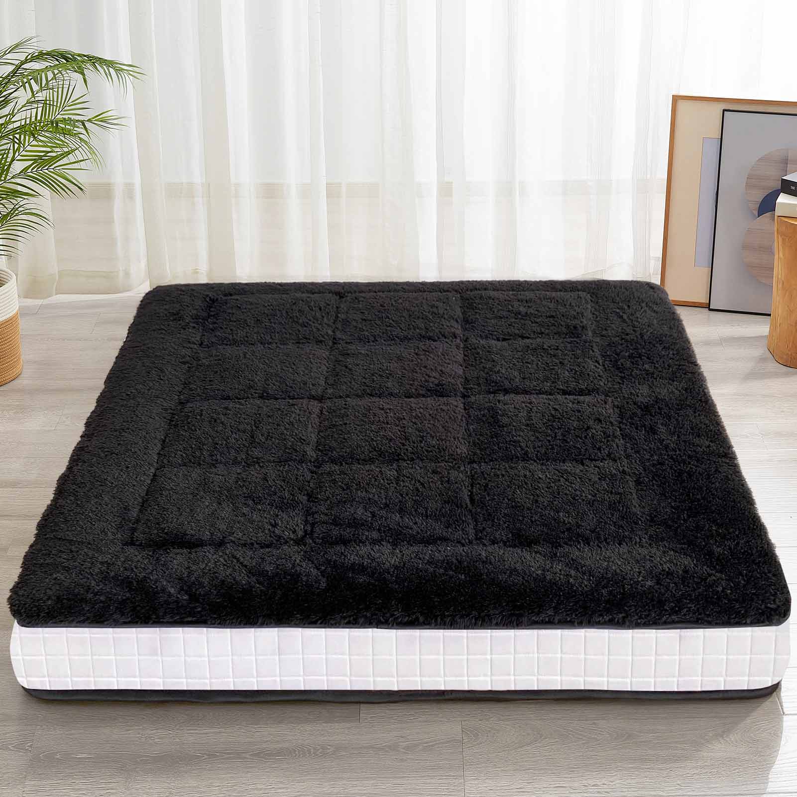 MAXYOYO 6-Inch Extra Thick Fluffy Floor Futon Mattress - Plush Square Quilted Mattress for Adults & Guests - Black - Perfect for Living Room Lounging, Sleepovers & Guest Bedding
