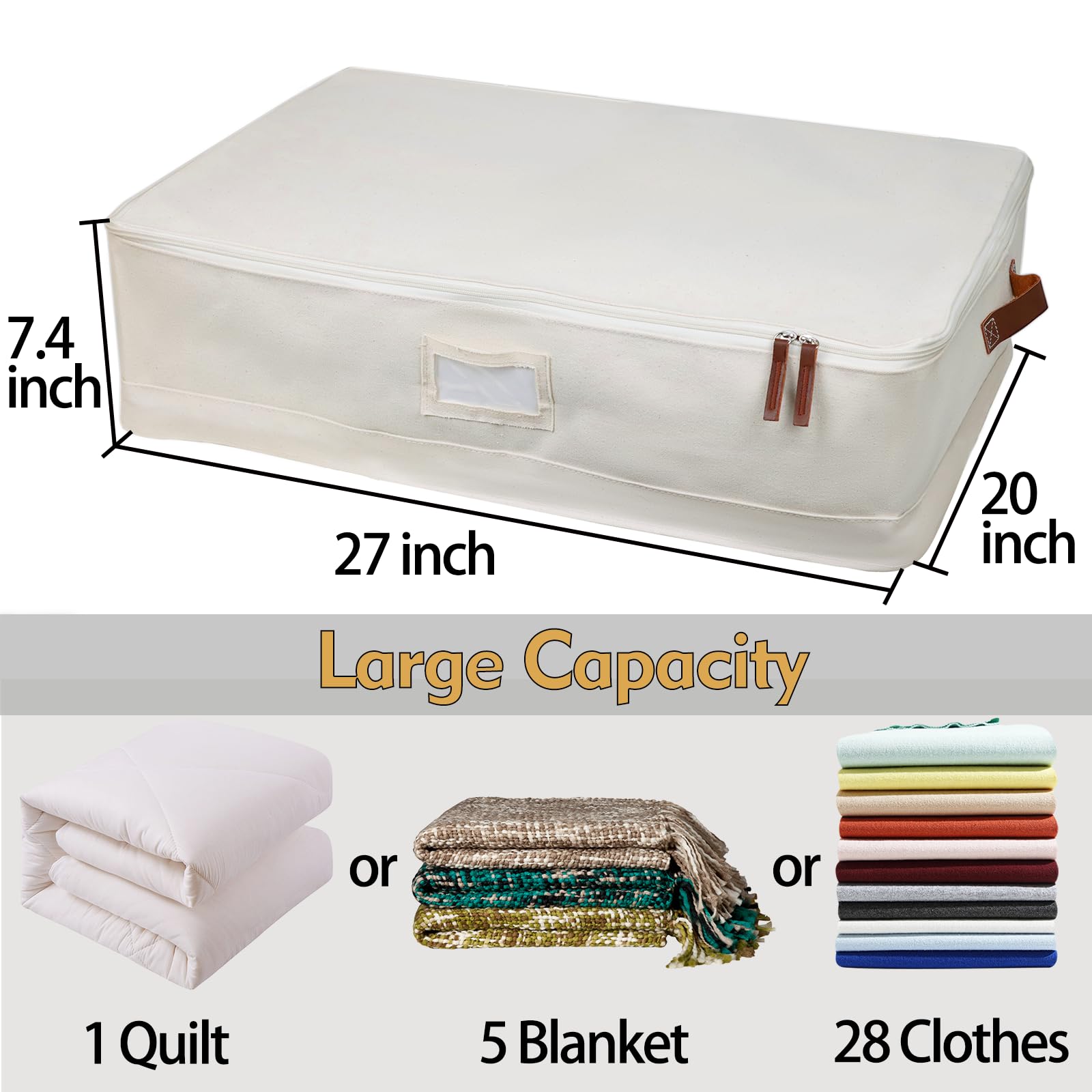 Large Canvas Clothes Storage Bag with Zipper & PU Leather Handles - Heavy Duty Closet Organizer for Seasonal Clothing, Blankets & Linens - Decorative Storage Bin with Label for Bedroom, Closet & Travel