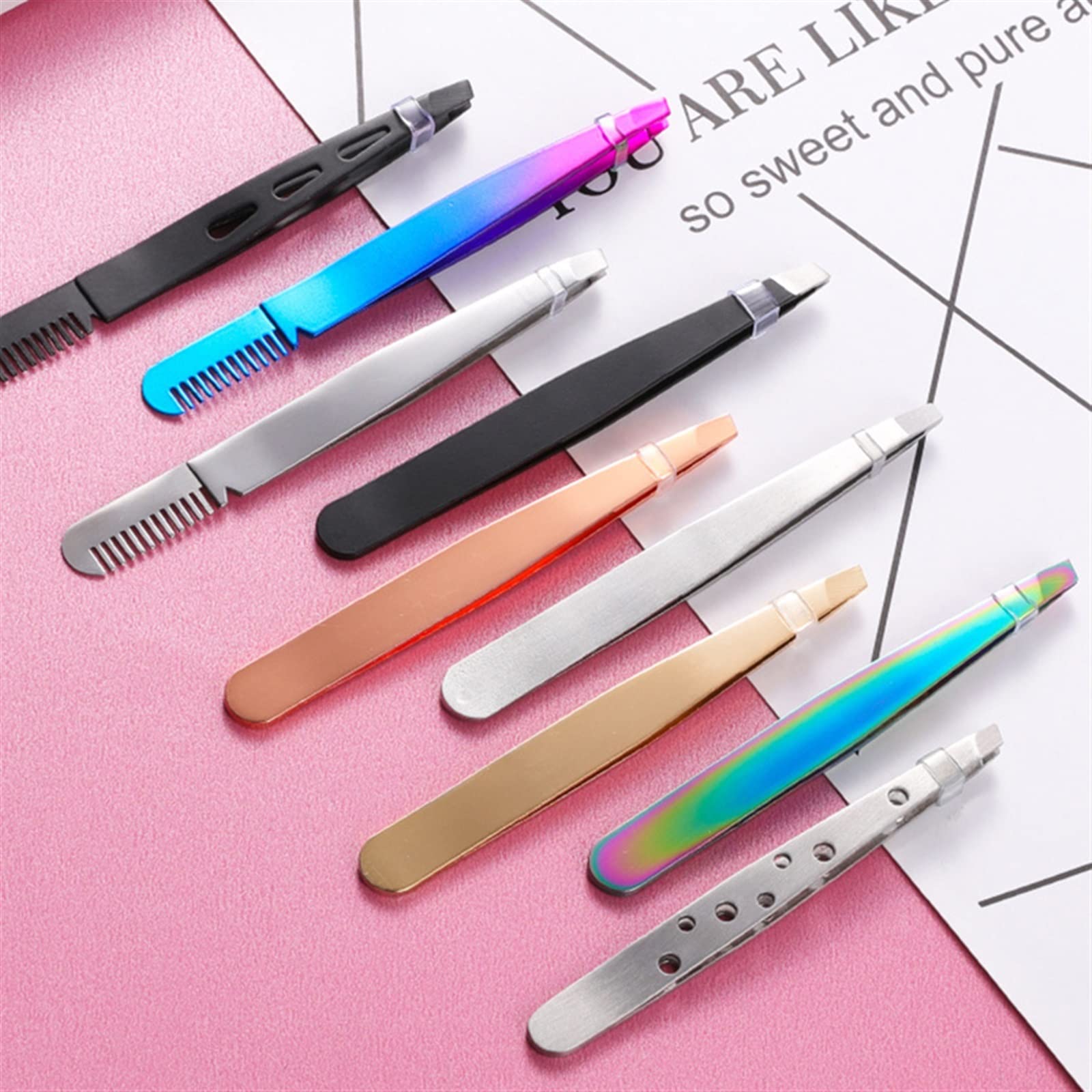 Professional Stainless Steel Lash & Eyebrow Tweezers Set - Slant Tip & Flat Comb Eyelash Applicators for False Eyelash Extension, Brow Shaping & Makeup Tools (6 Colors) - Perfect for Salon Professionals & Home Beauty Routines