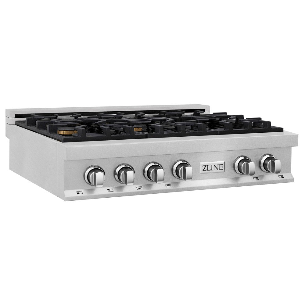 ZLINE 36 Inch 6-Burner Gas Rangetop with Brass Burners & Porcelain Cooktop - Satin Stainless Steel (RTS BR 36) | Professional Kitchen Stove for Home Chefs & Cooking Enthusiasts